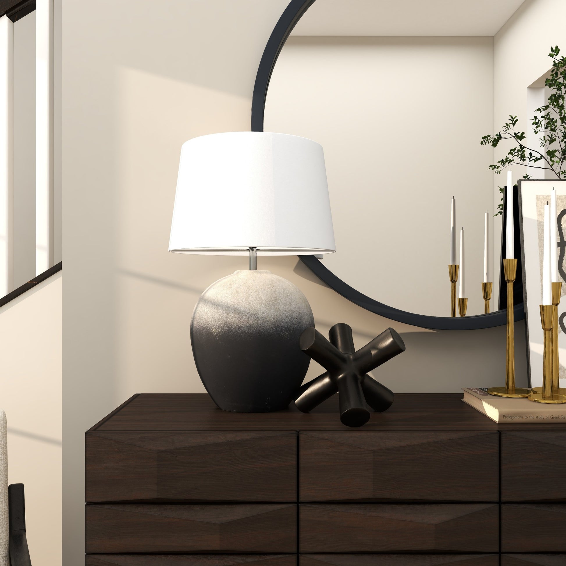 Black Ceramic Wide Rounded Textured Ombre Room Table Lamp with White Linen Shade