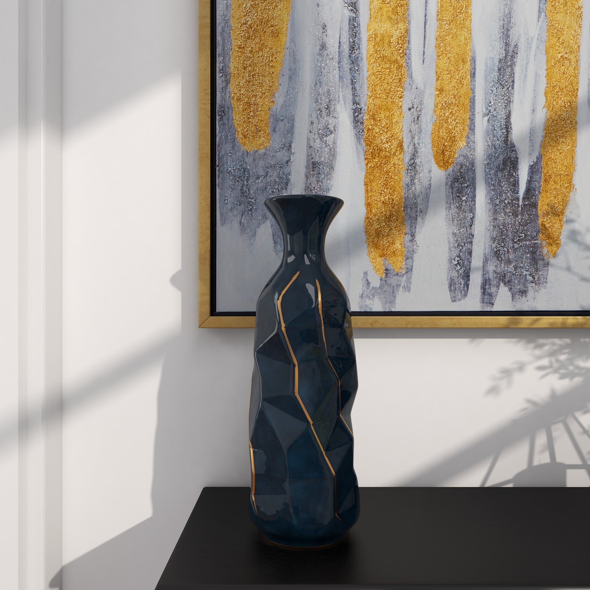 Teal Ceramic Geometric Floor Decorative Vase with Gold Accents