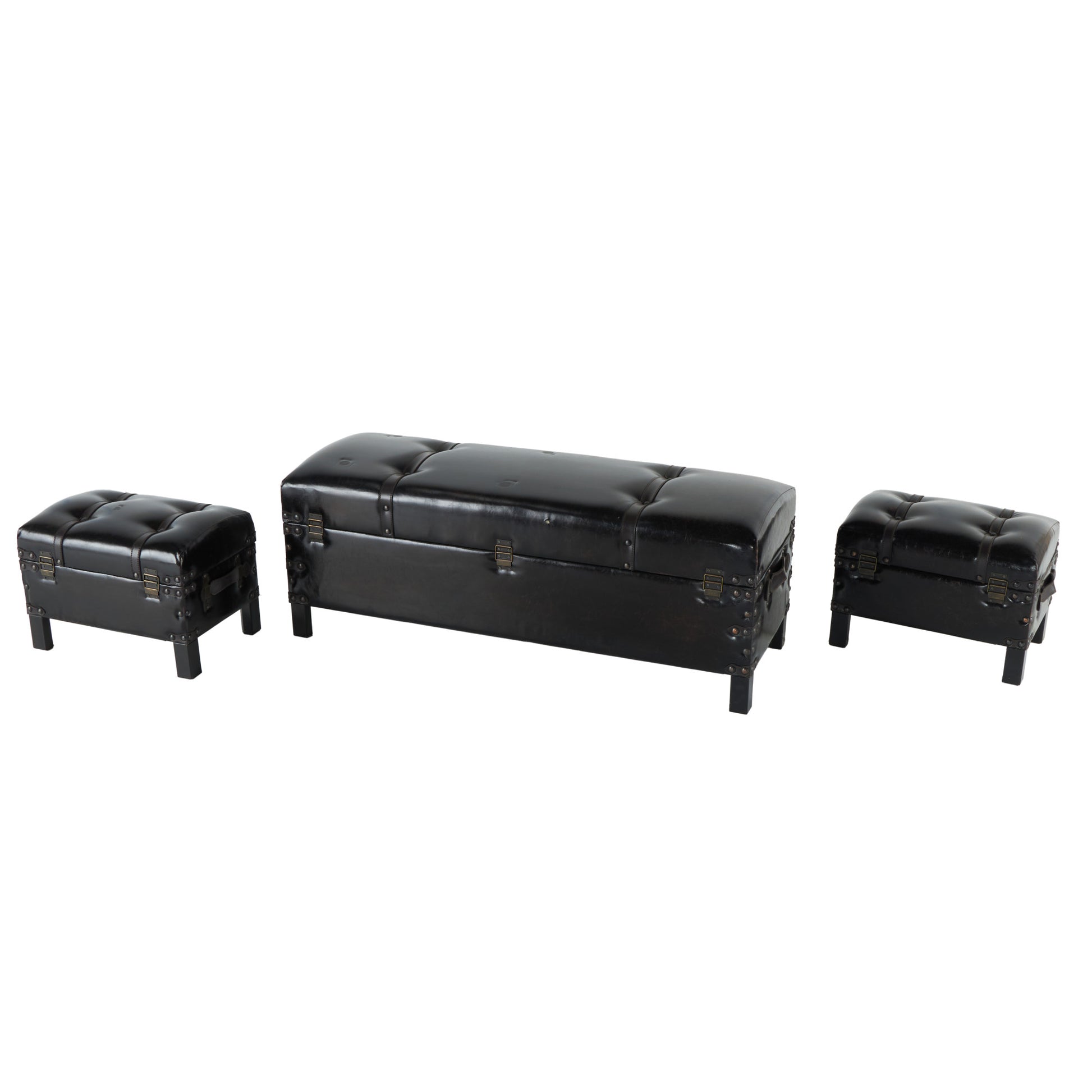 Set of 3 Brown Faux Leather Vintage Room Storage Bench with Faux Leather Buckle Straps and Stud Details