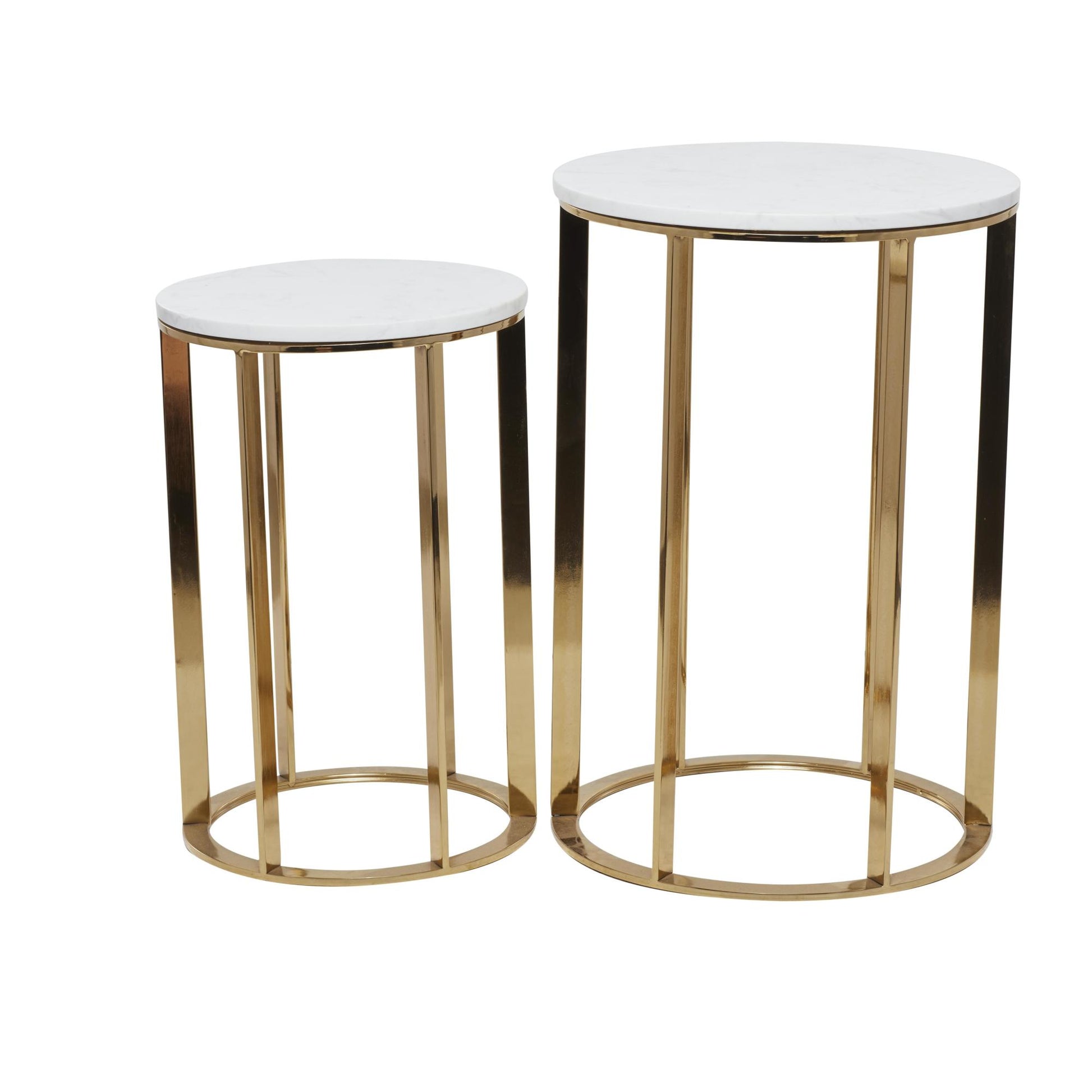 Set of 2 Gold Metal Side End Accent Table with Marble Top