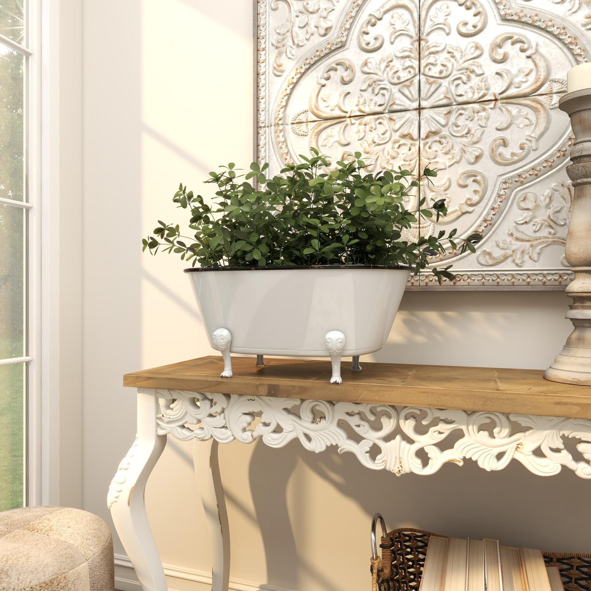 White Metal Bathtub Indoor Outdoor Planter with Scrolled Feet