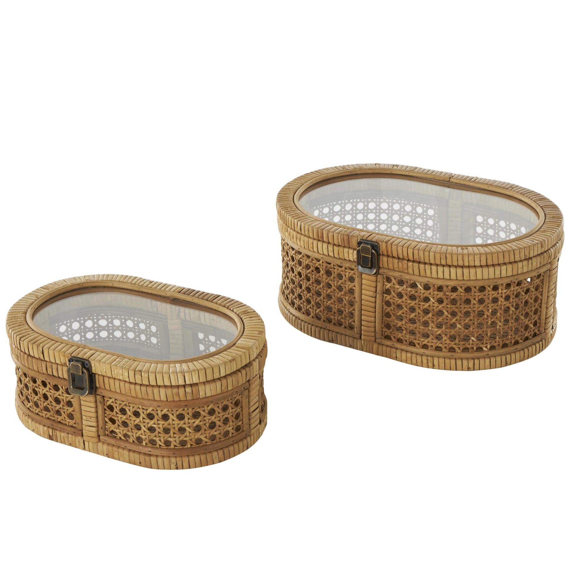 Set of 2 Brown Rattan Handmade Wrapped Oval Storage Decorative Box with Cane Panels and Tempered Glass Tops