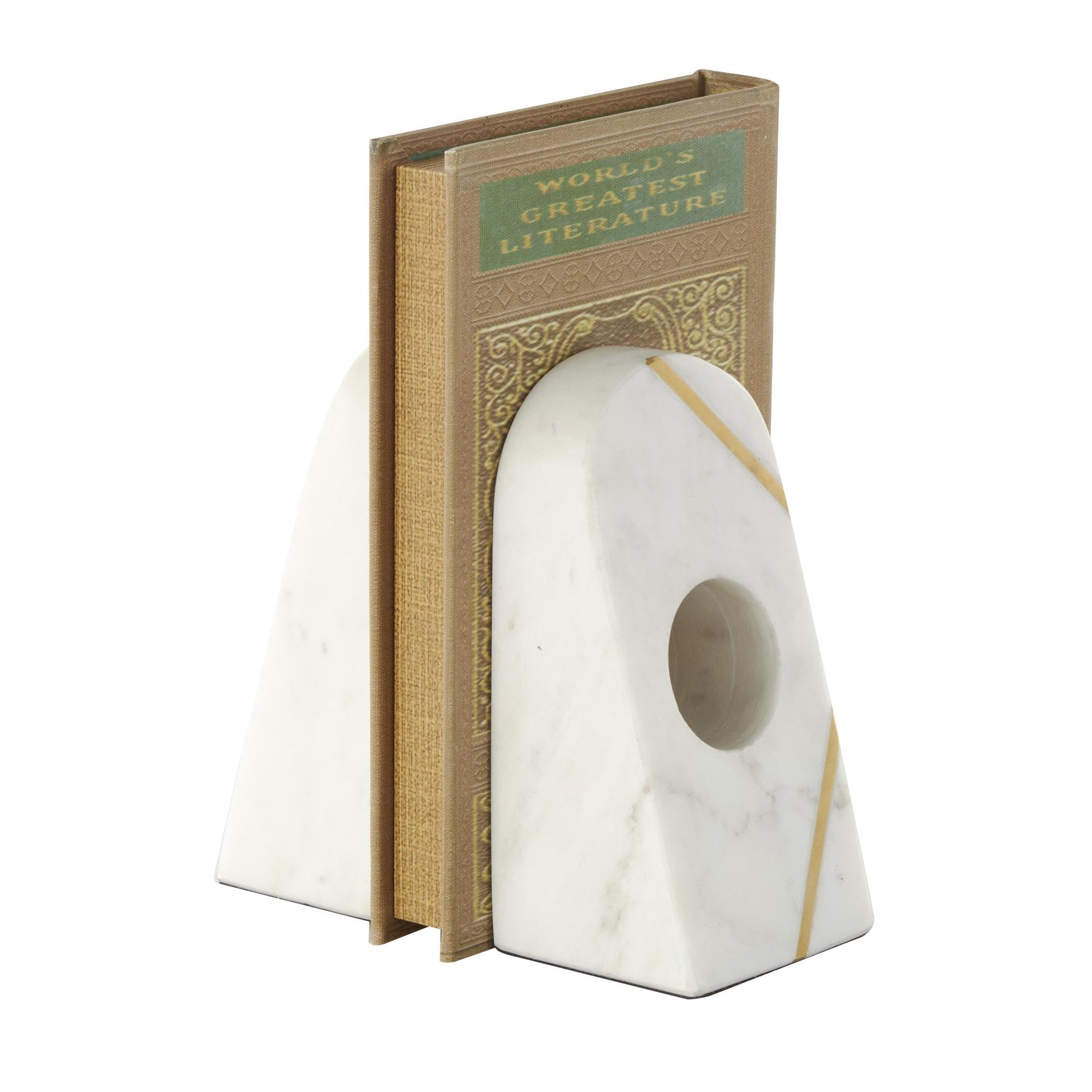 Set of 2 Geometric Marble Curved Pyramid Decorative Bookends with Diagonal Gold Stripes