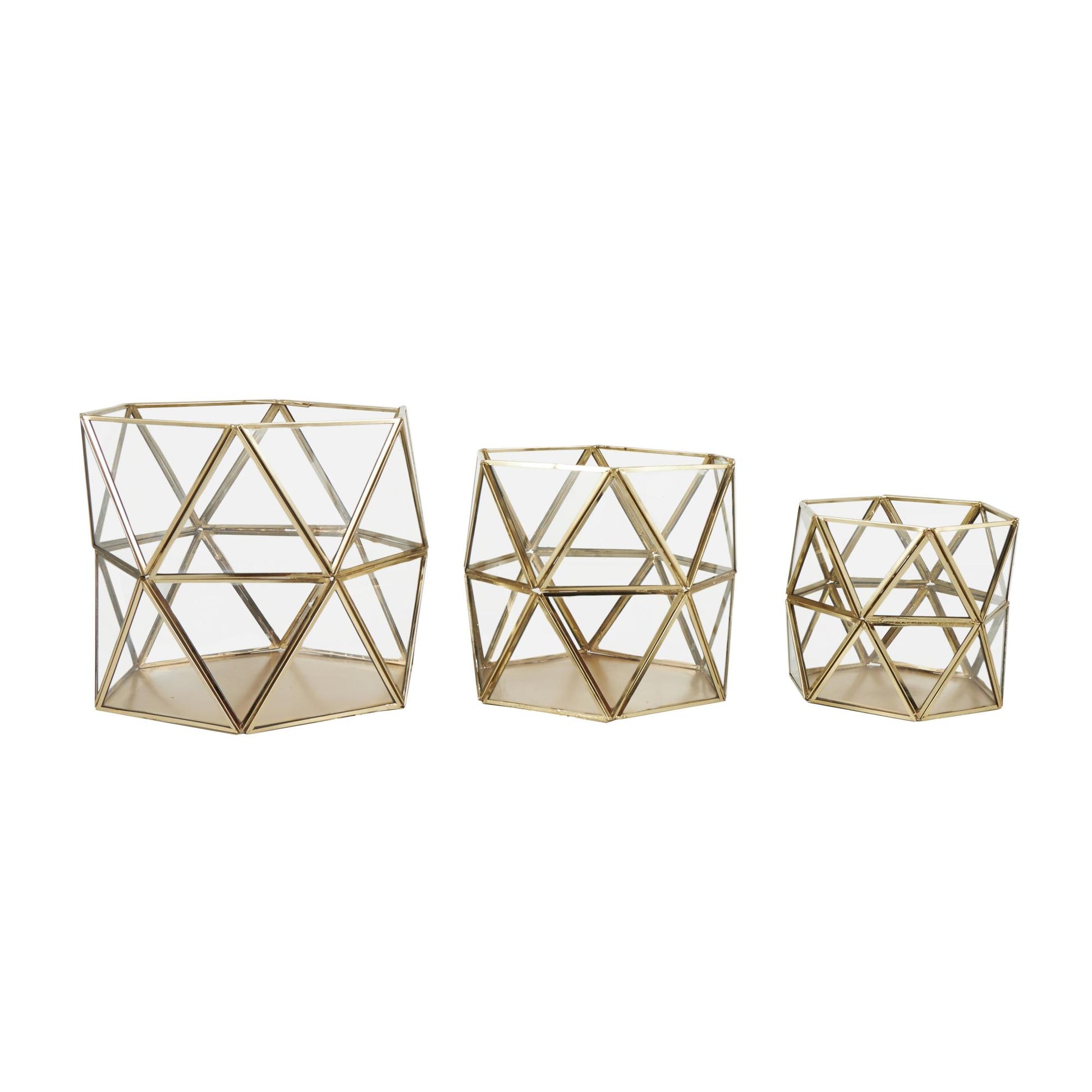 CosmoLiving by Cosmopolitan Set of 3 Geometric Gold Metal Diamond Patterned Hexagon Indoor Outdoor Candle Lantern