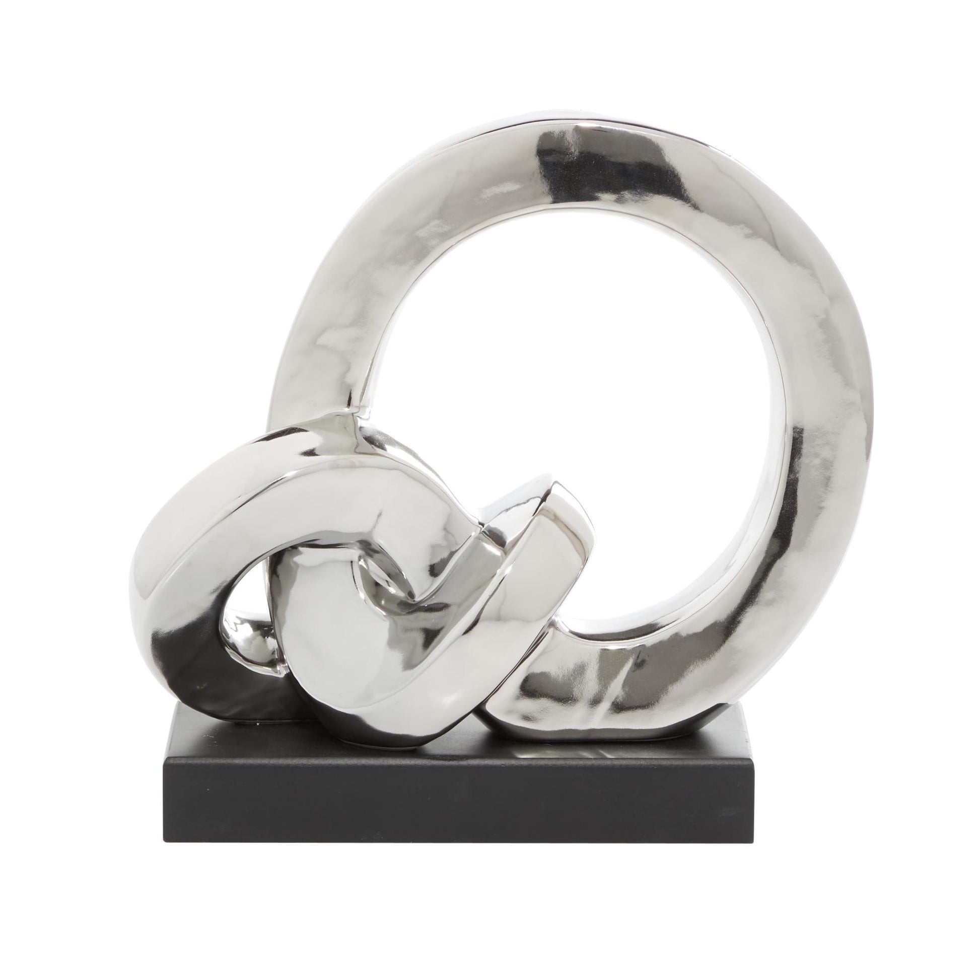 Abstract Silver Porcelain Ceramic Link Decorative Sculpture with Black Base