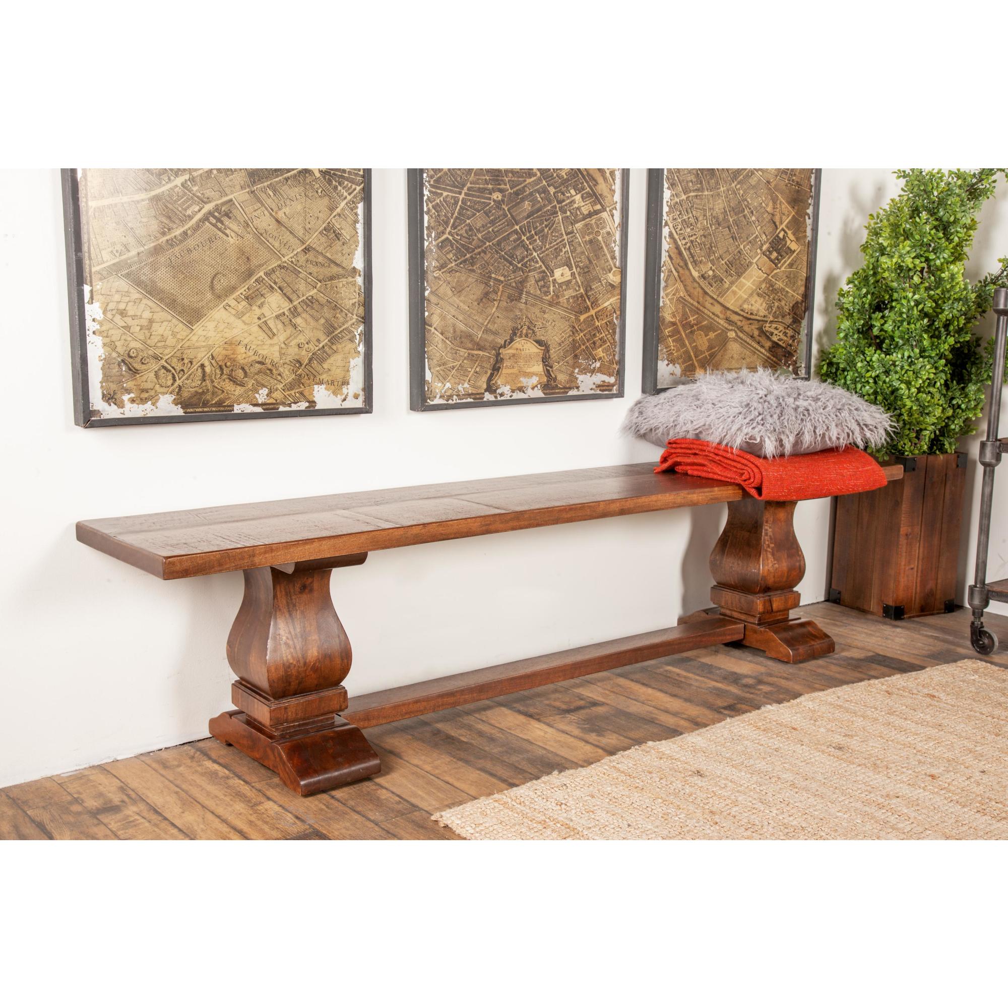 Brown Mango Wood Turned Home Bench with Parquet Inlay