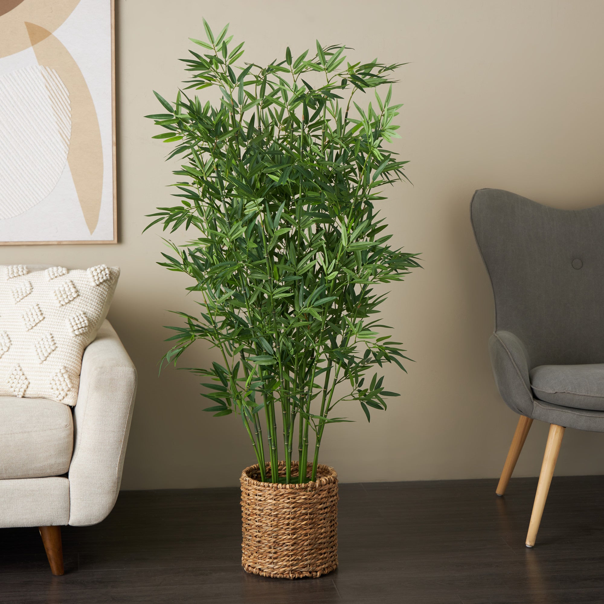 Bamboo Green Faux Foliage Indoor Outdoor Artificial Tree with Realistic Leaves and Brown Seagrass Pot
