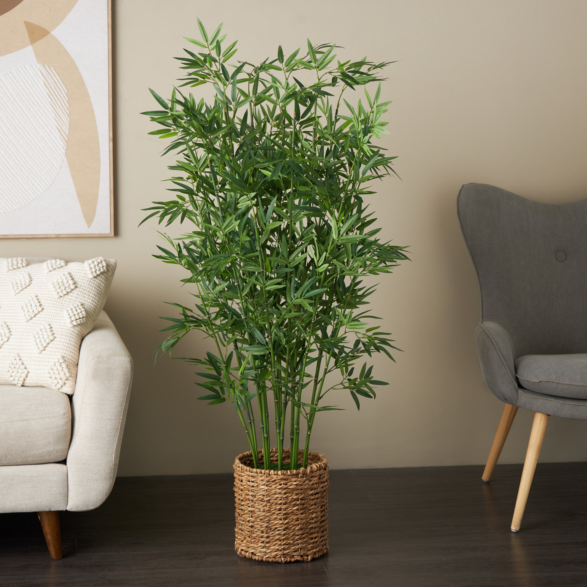 Bamboo Green Faux Foliage Indoor Outdoor Artificial Tree with Realistic Leaves and Brown Seagrass Pot