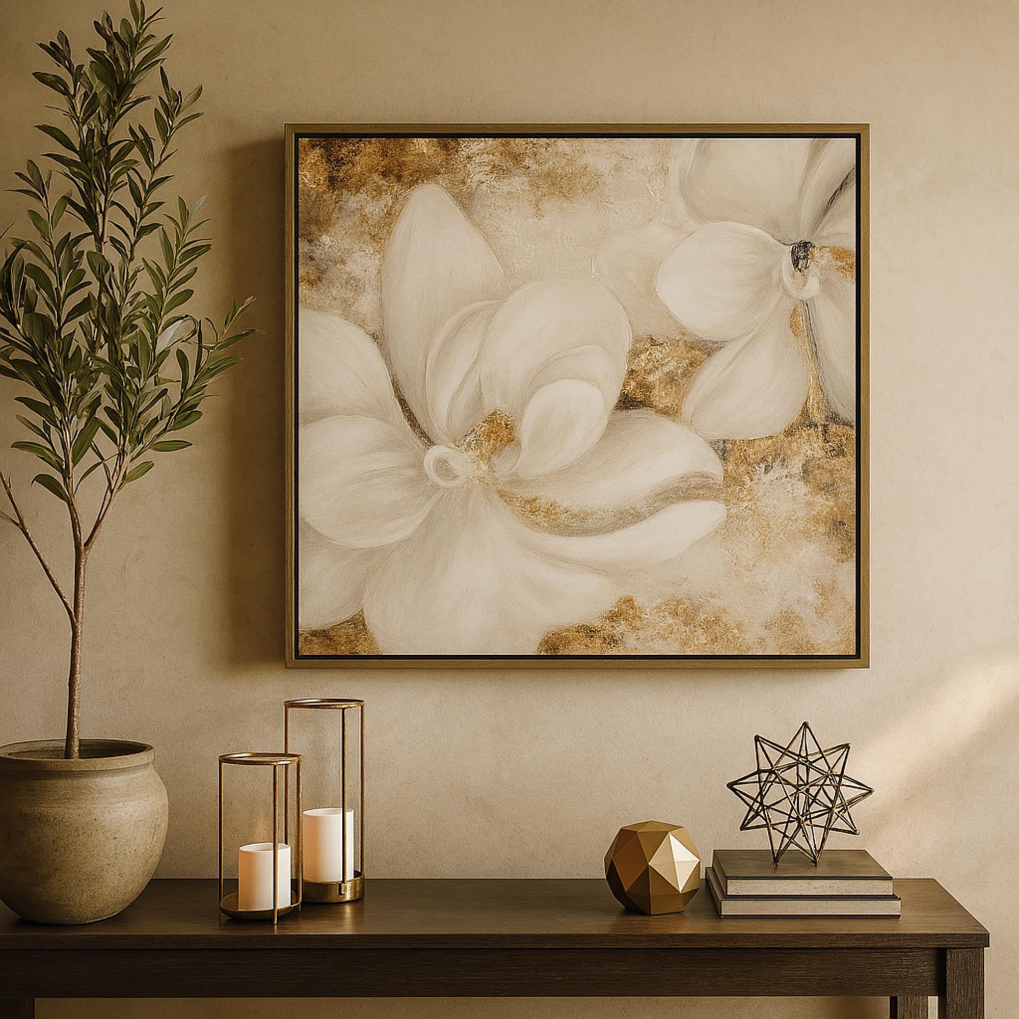 Floral White Canvas Living Room Framed Wall Art with Gold Foil Accents