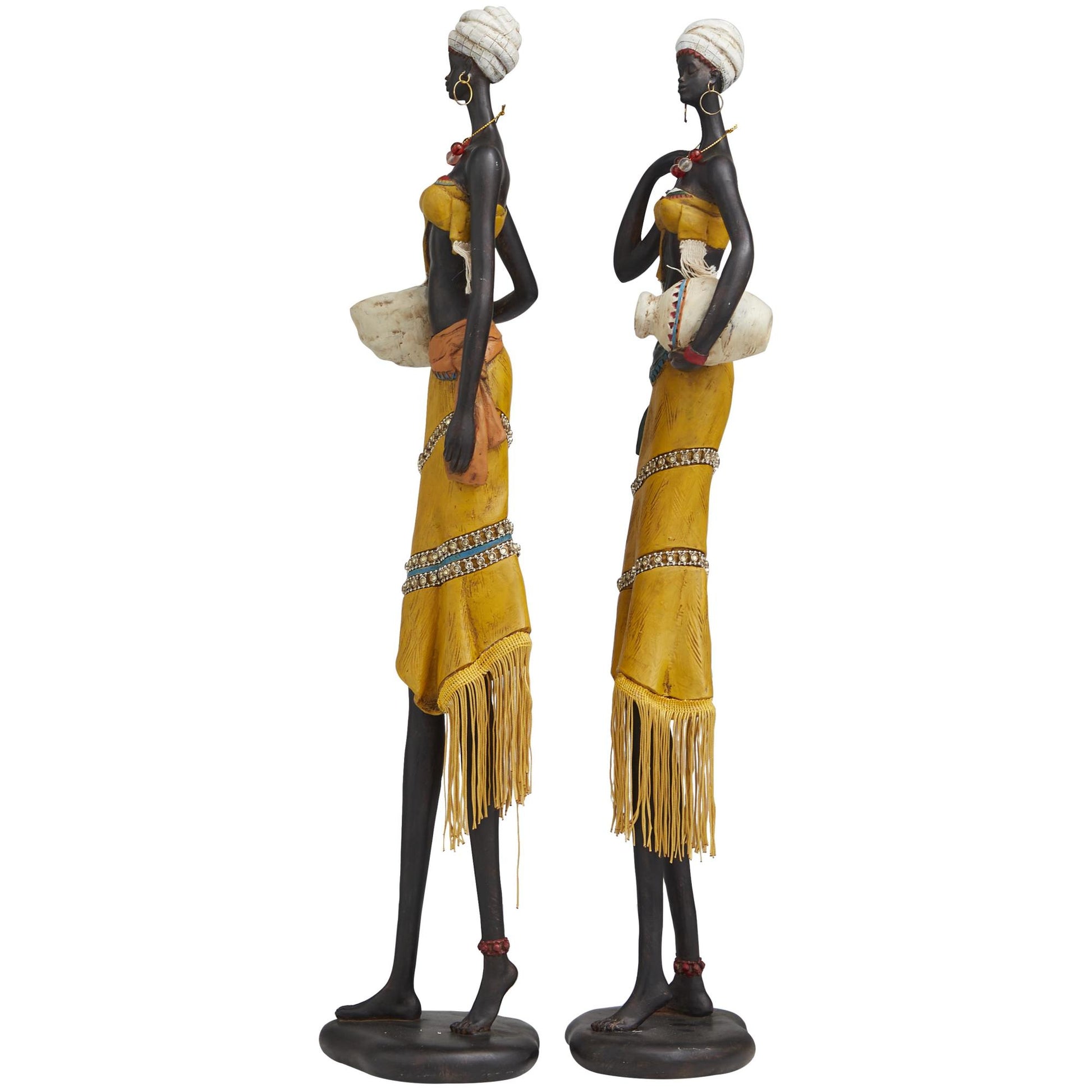 Set of 2 Woman Yellow Polyresin Handmade African Decorative Sculpture with Water Jugs and Jeweled Details