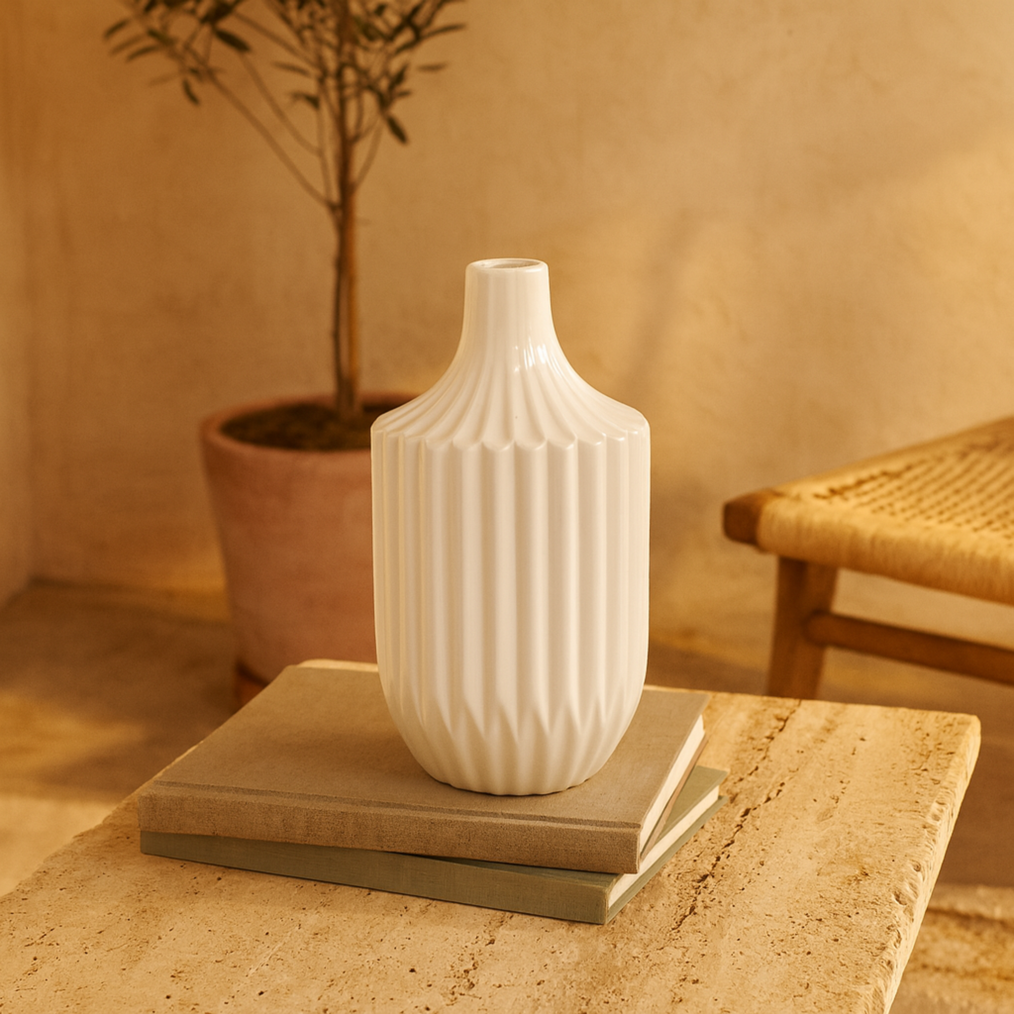 White Ceramic Fluted Decorative Vase