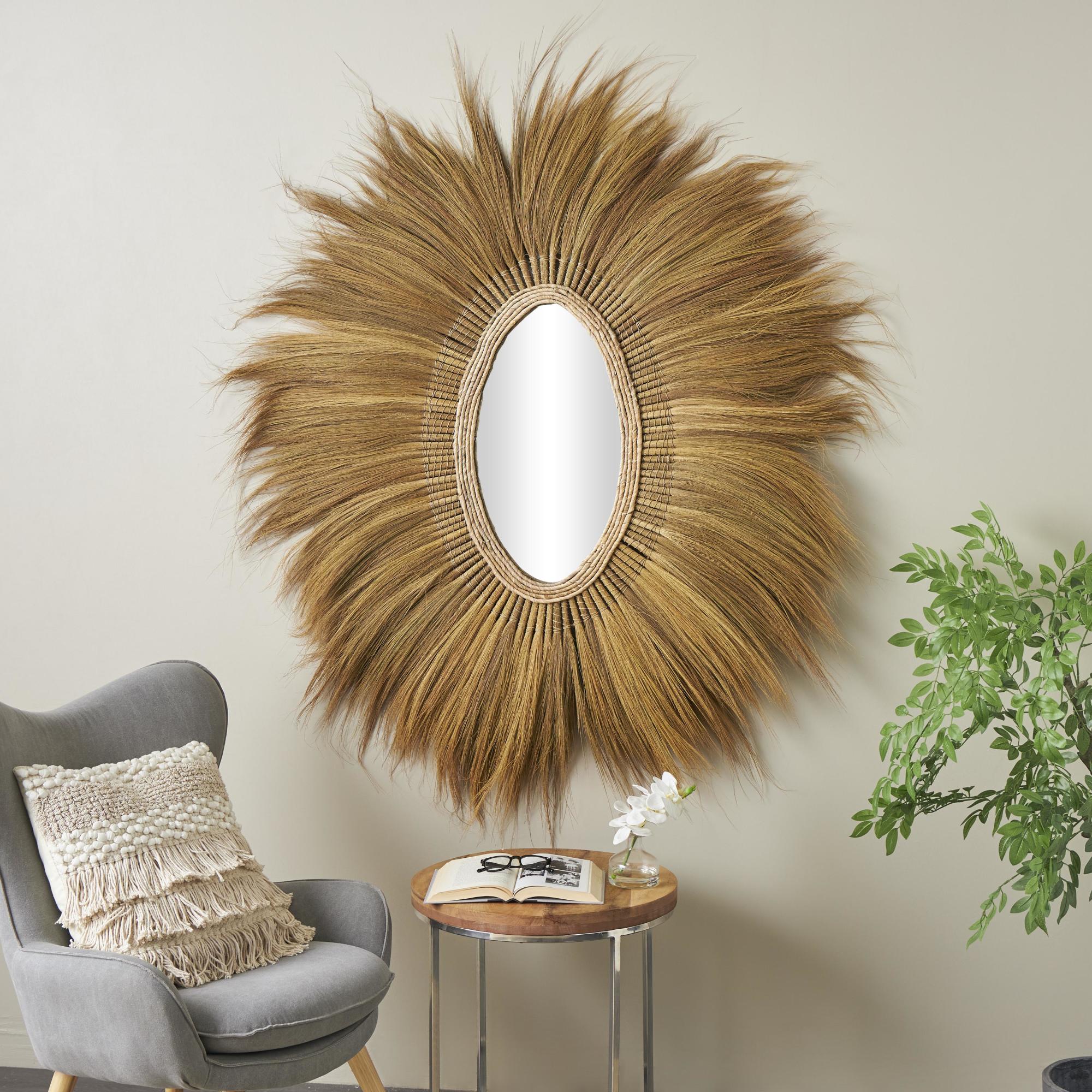Brown Dried Plant Handmade Oval Shaped Room Wall Mirror