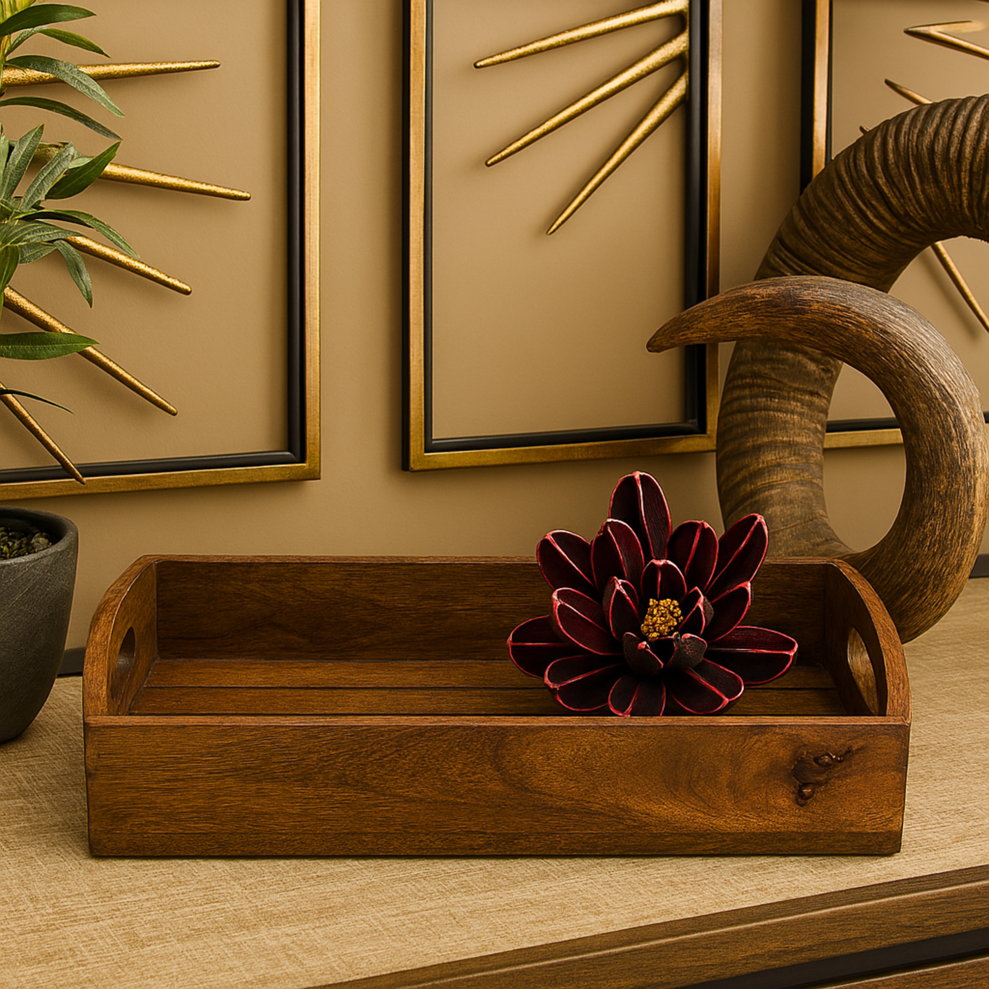 Set of 3 Light Brown Mango Wood Living Room Decor Tray with Slot Handles