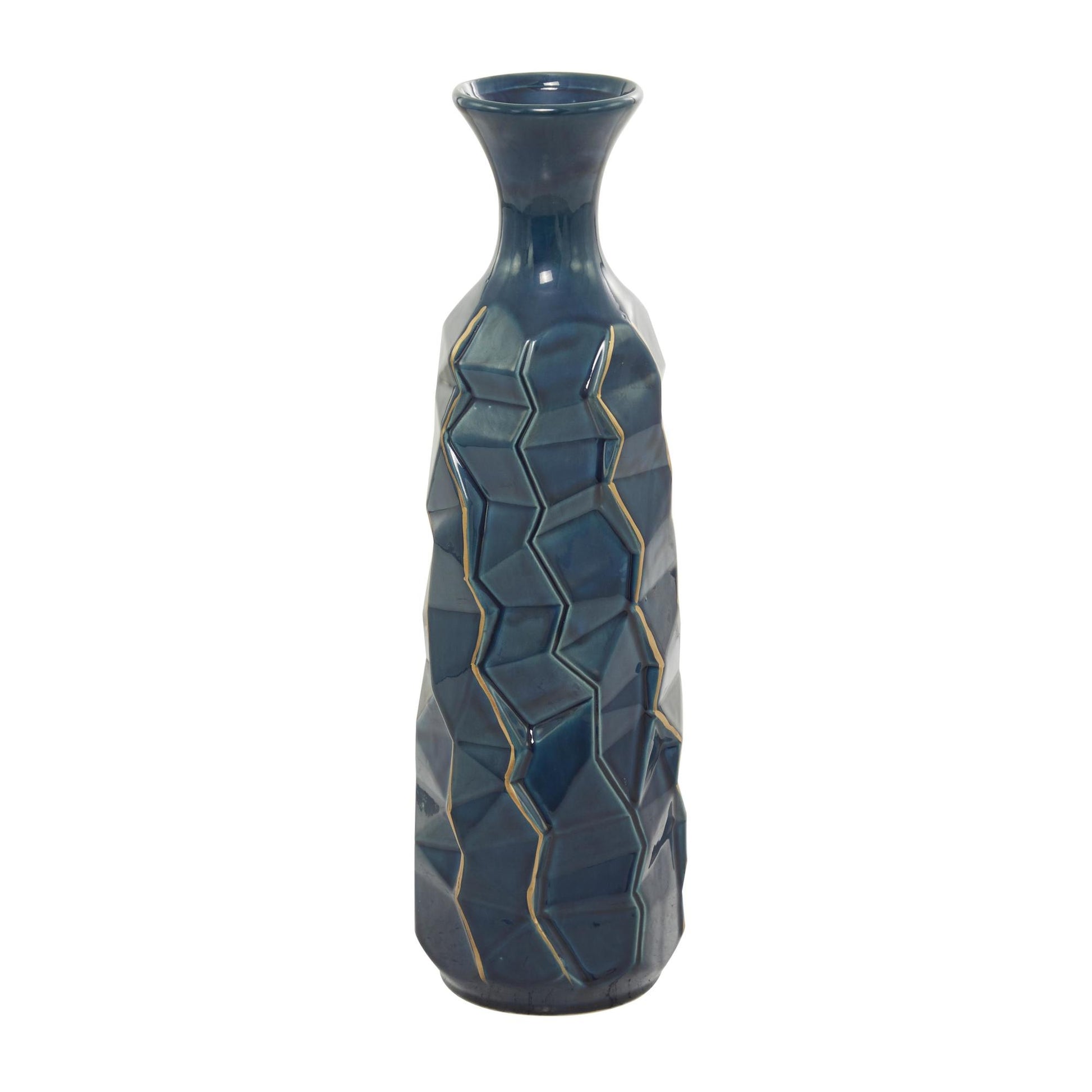 Teal Ceramic Geometric Floor Decorative Vase with Gold Accents
