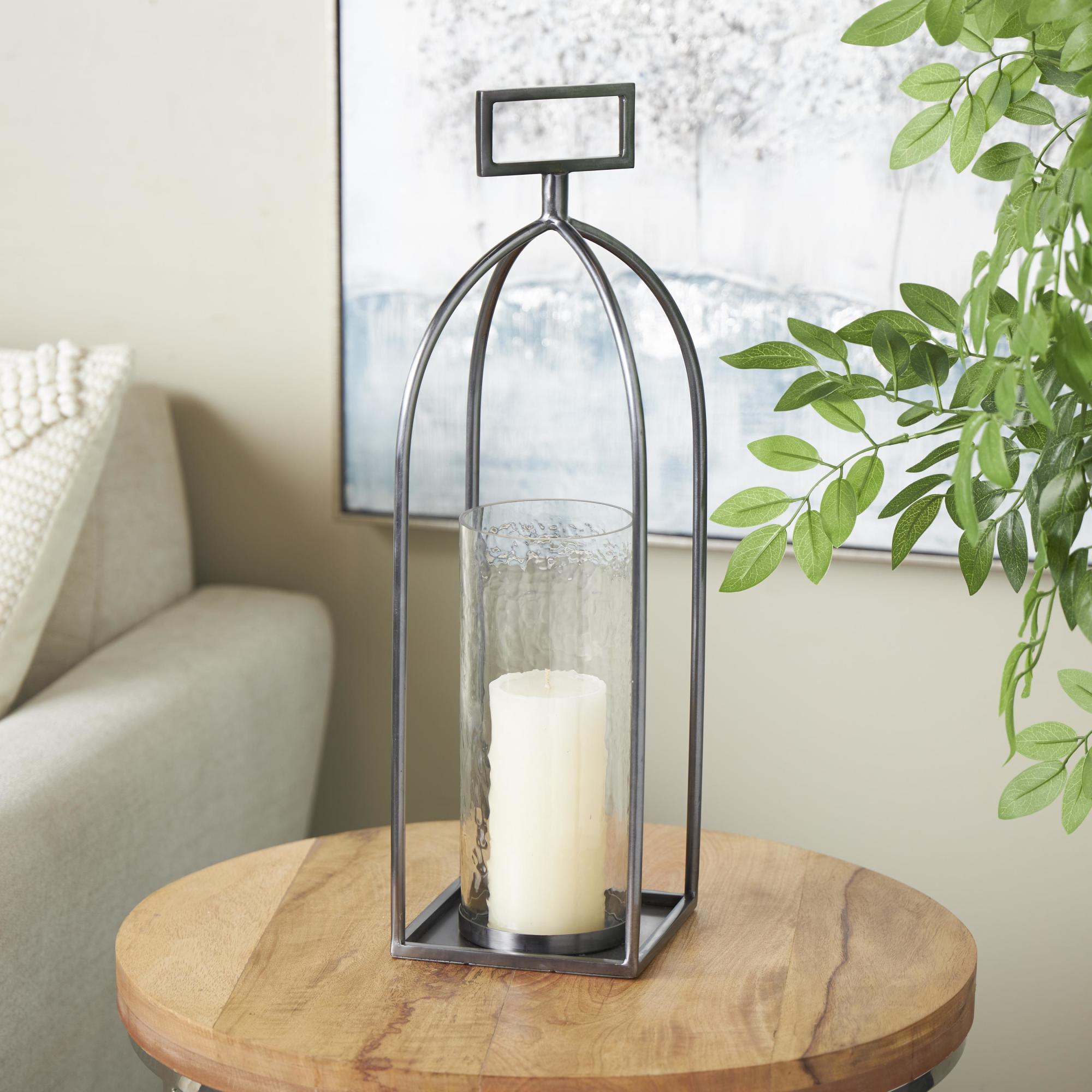 Silver Metal Open Frame Indoor Outdoor Candle Lantern with Rectangle Handles