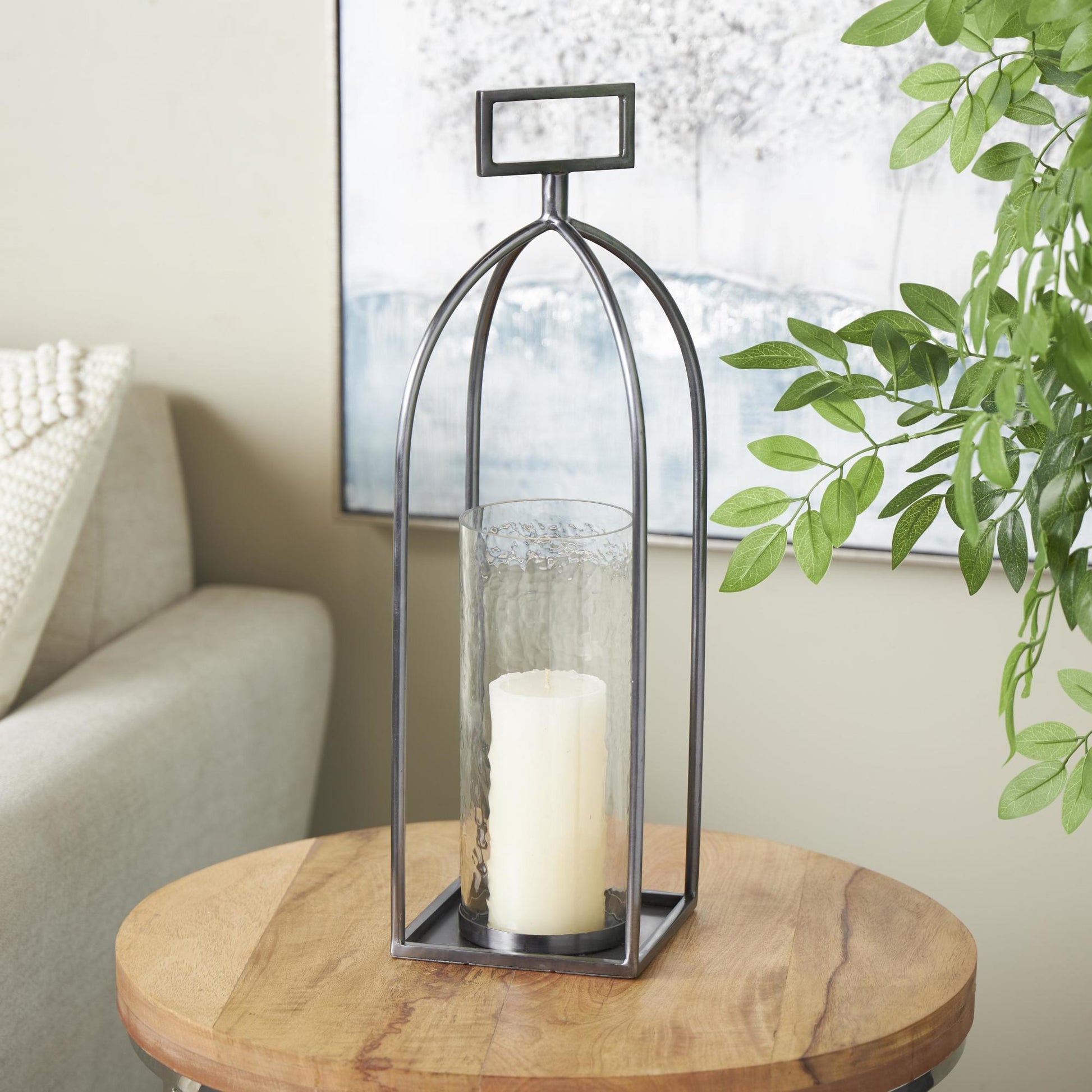 Silver Metal Open Frame Indoor Outdoor Candle Lantern with Rectangle Handles