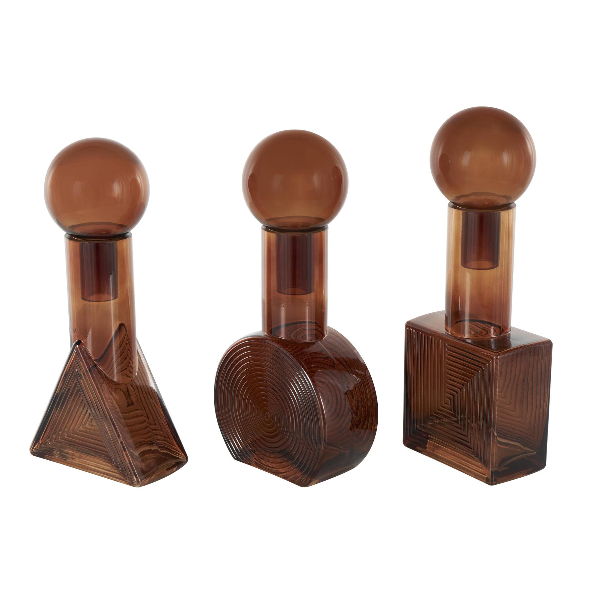 Set of 3 Geometric Brown Glass Triangle, Circle, Square Ombre Living Room Decorative Jars