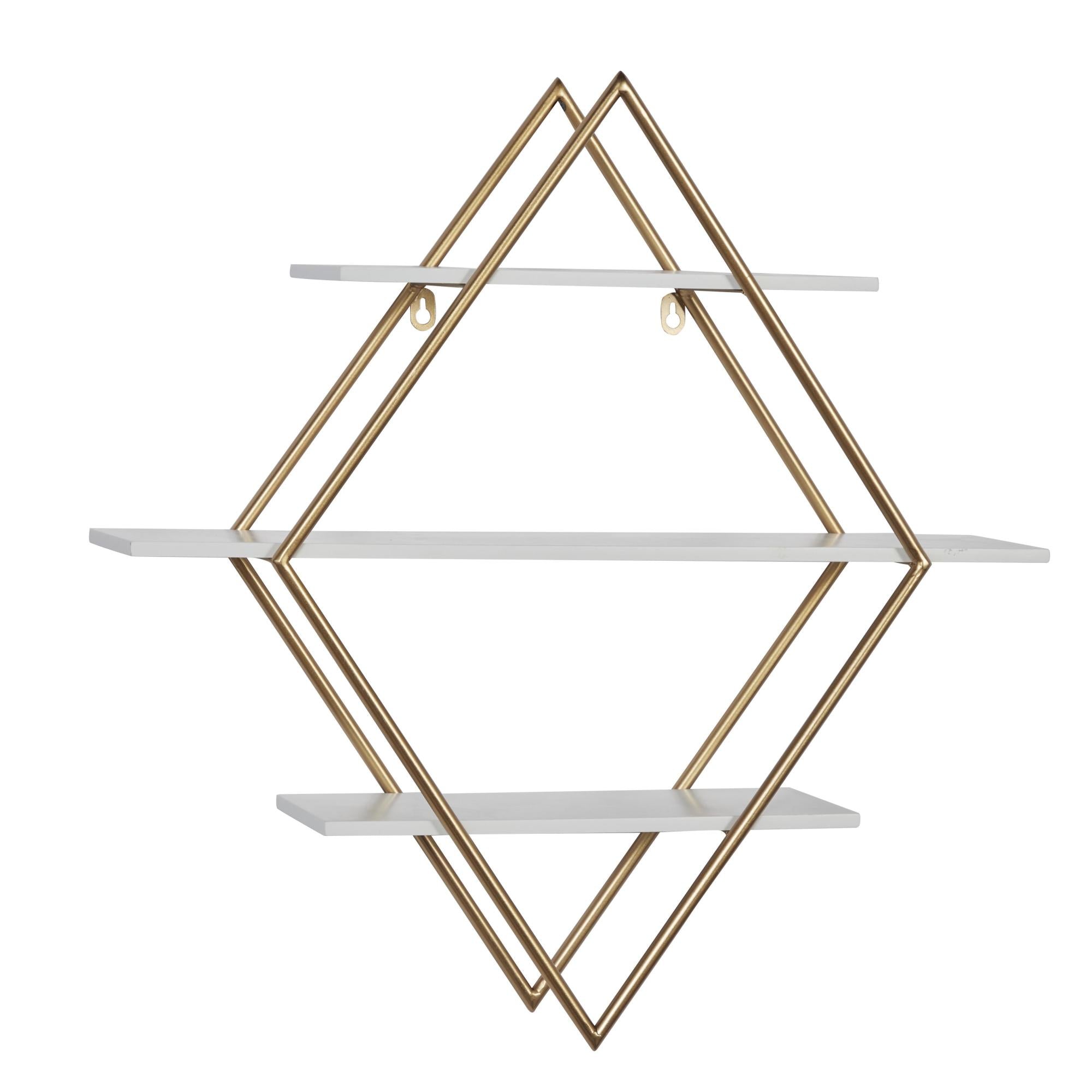 Geometric Gold Wooden 3 Shelves Room Wall Shelf with Diamond Shape