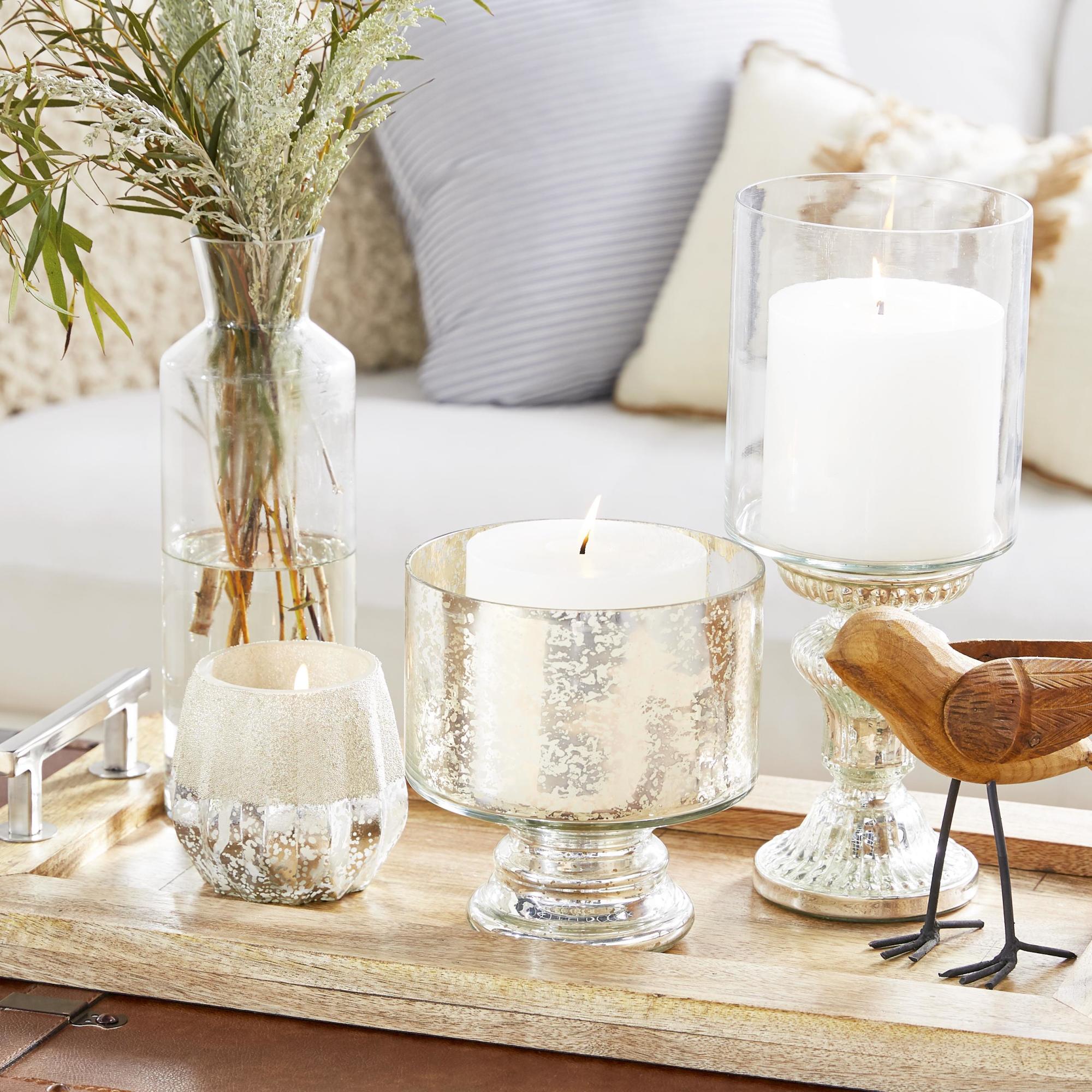 Silver Glass Handmade Turned Style Pillar Room Hurricane Lamp with Faux Mercury Glass Finish