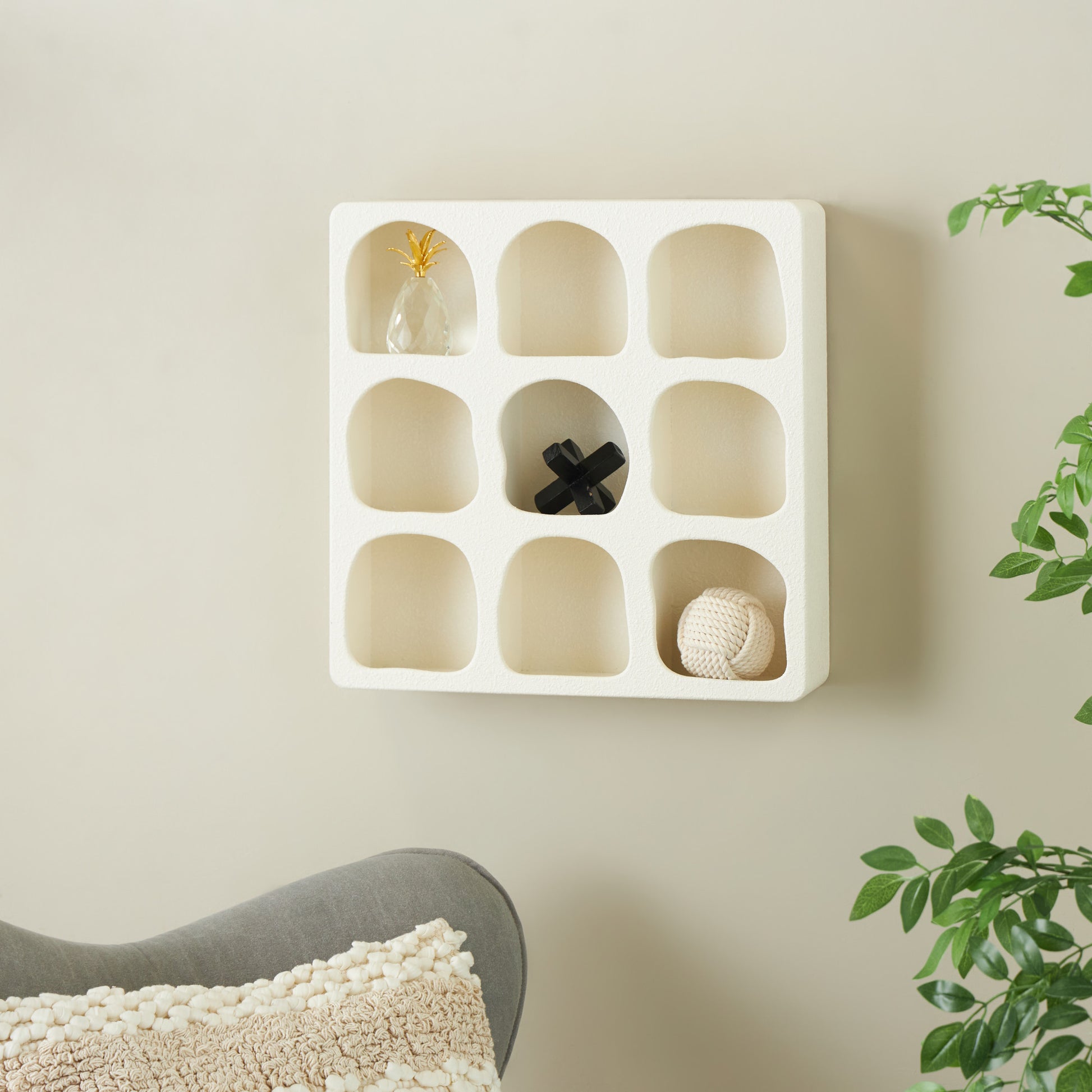 Geometric Wooden 9 Cubby Room Wall Shelf with Abstract Block Shapes