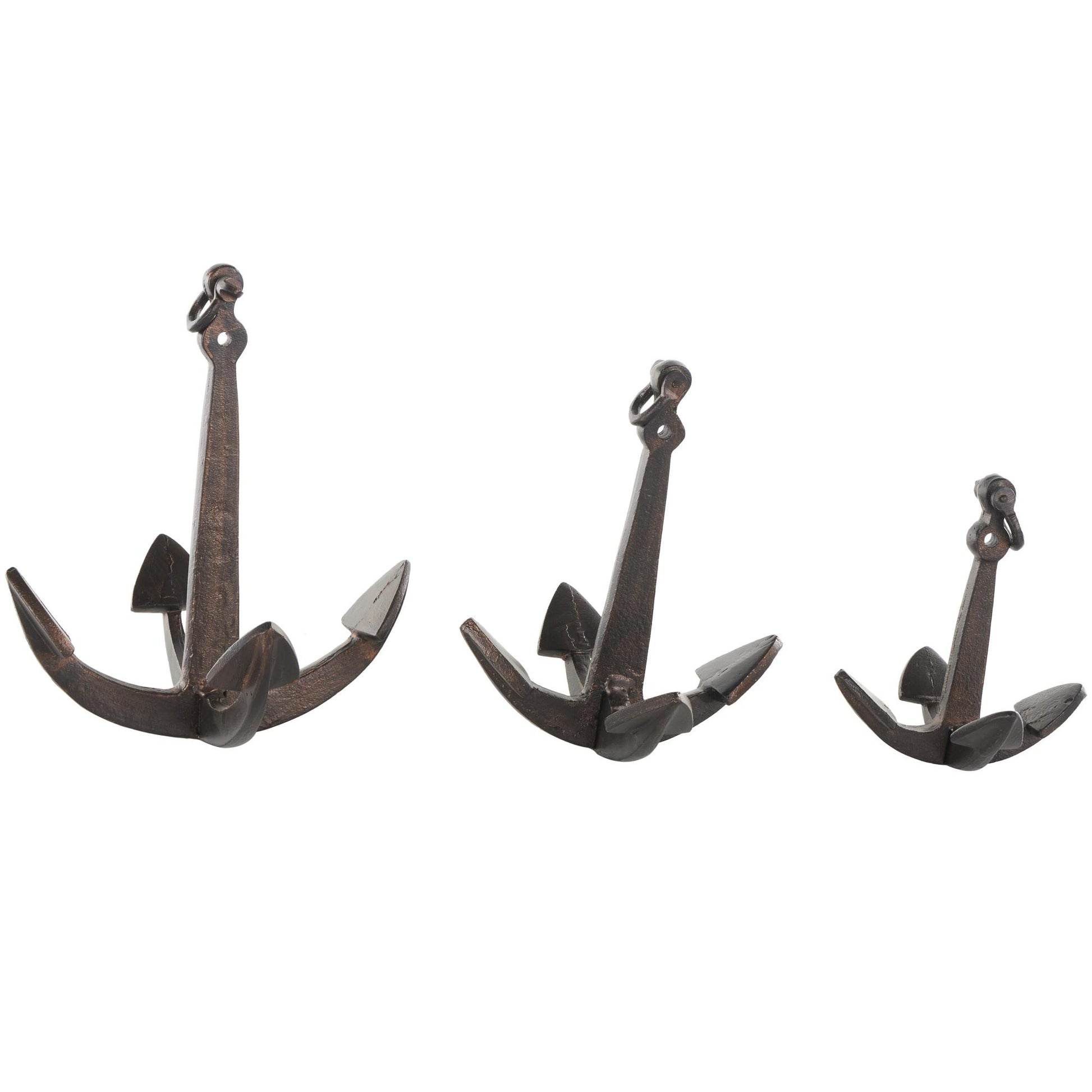 Set of 3 Anchor Copper Aluminum Metal Weathered Decorative Sculpture with Hanging Hook