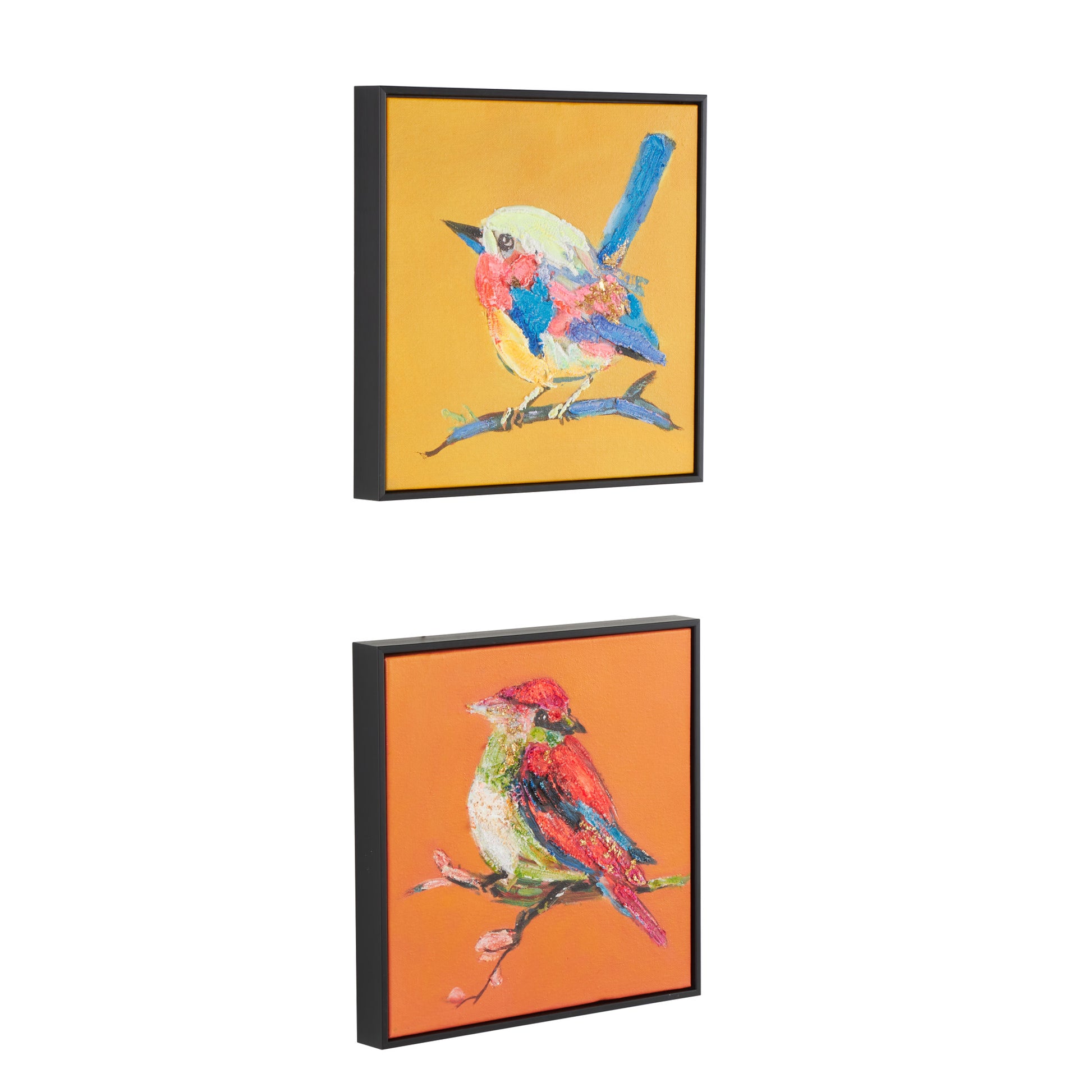 Set of 2 Bird Multi Colored Canvas Colorful Living Room Framed Wall Art with Black Frame and Gold Foil Accents