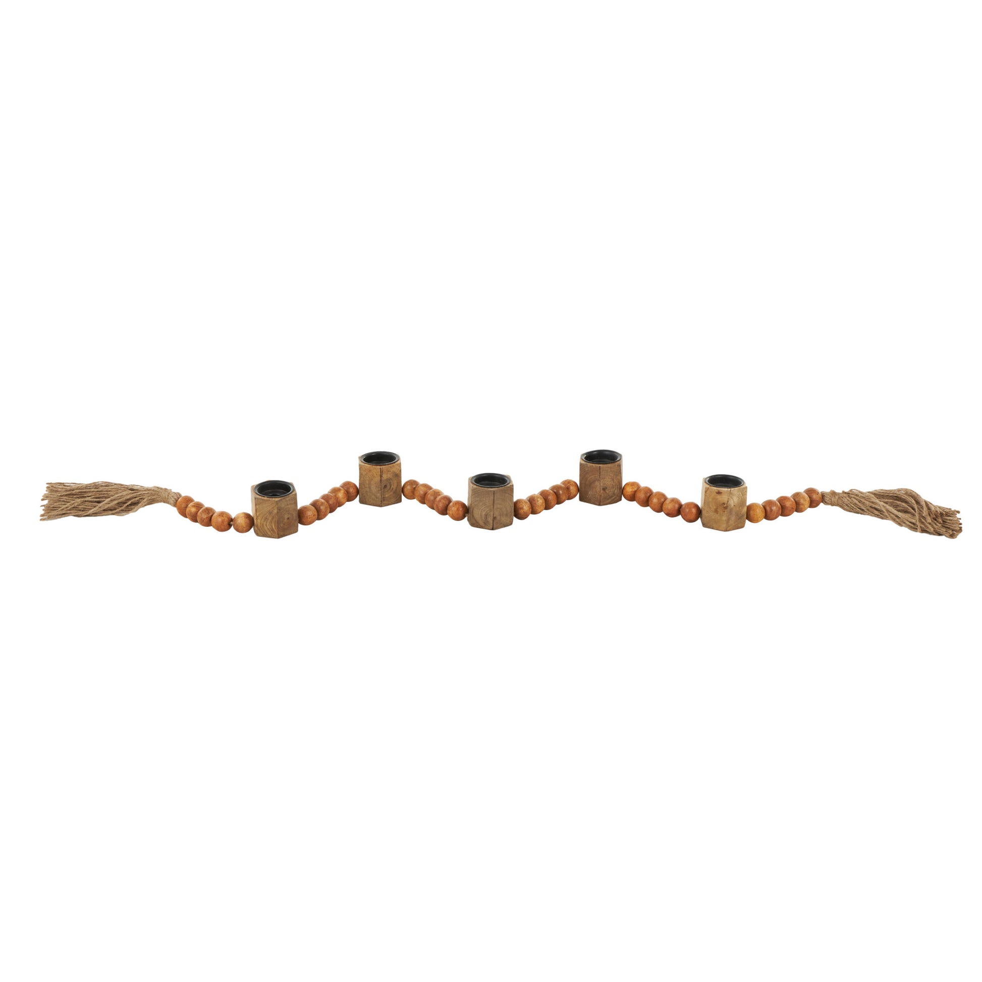 Mango Wood Garland Decorative Candle Holder with Brown Tassel
