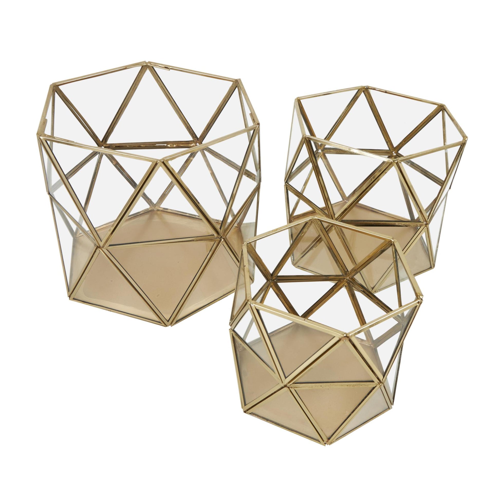 CosmoLiving by Cosmopolitan Set of 3 Geometric Gold Metal Diamond Patterned Hexagon Indoor Outdoor Candle Lantern
