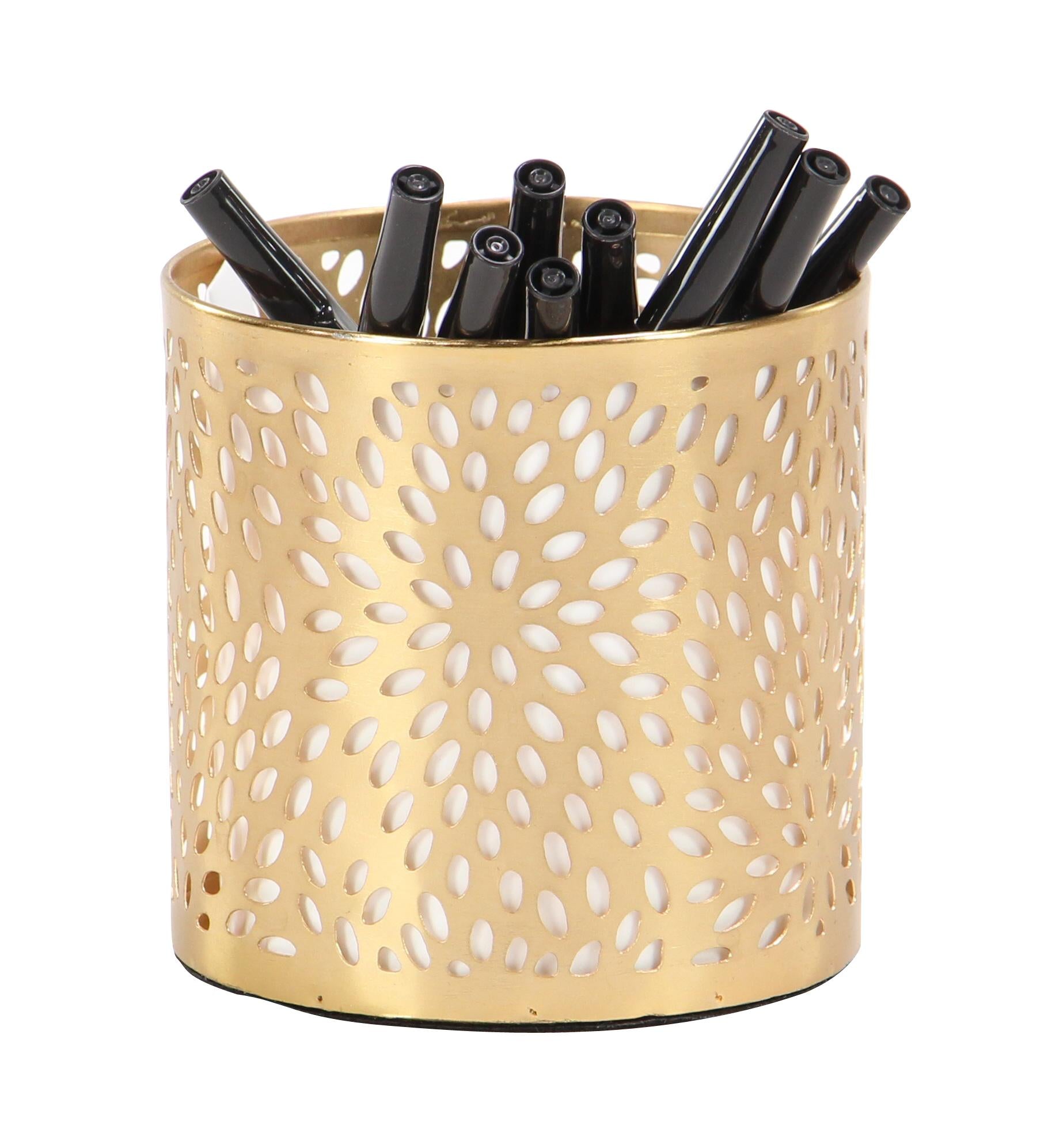 Floral Metal Pencil Cup with Laser Carved Design 4" x 4" x 4"