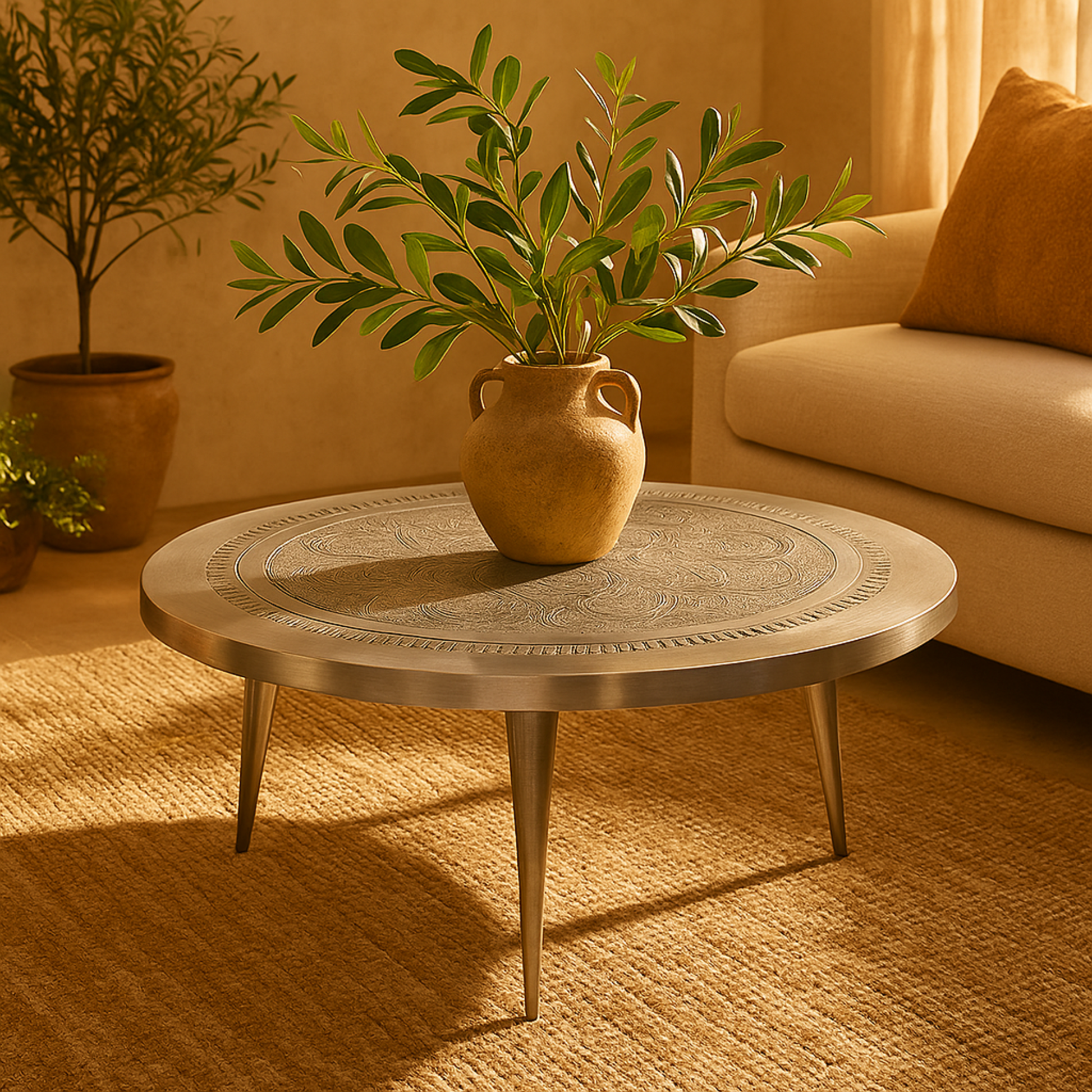 Floral Silver Aluminum Metal Engraved Living Room Coffee Table with Tripod Legs