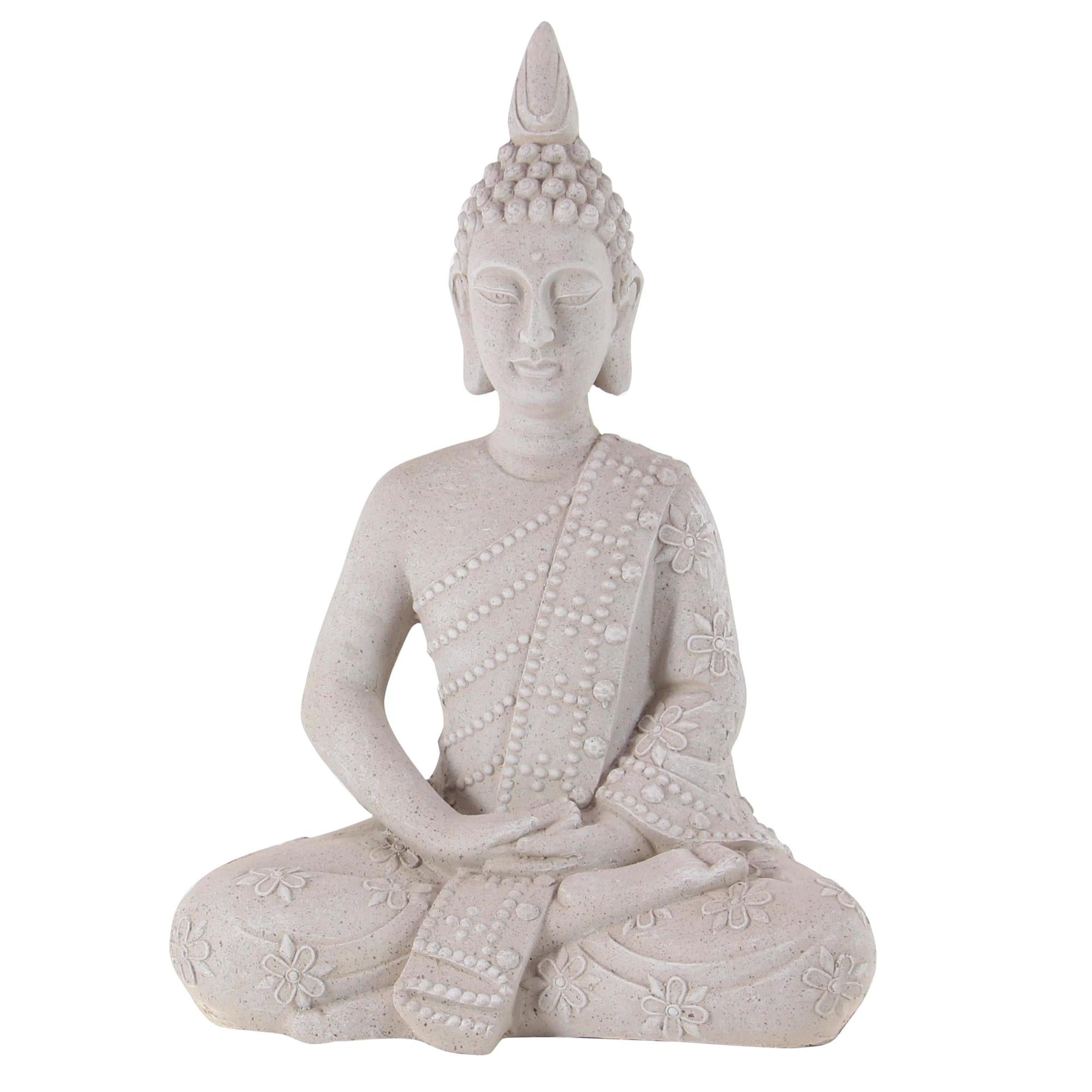 Buddha Gray Magnesium Oxide Indoor Outdoor Meditating Decorative Garden Sculpture with Floral Carvings