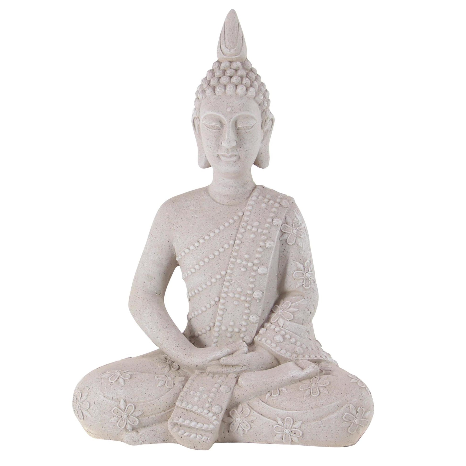 Buddha Gray Magnesium Oxide Indoor Outdoor Meditating Decorative Garden Sculpture with Floral Carvings