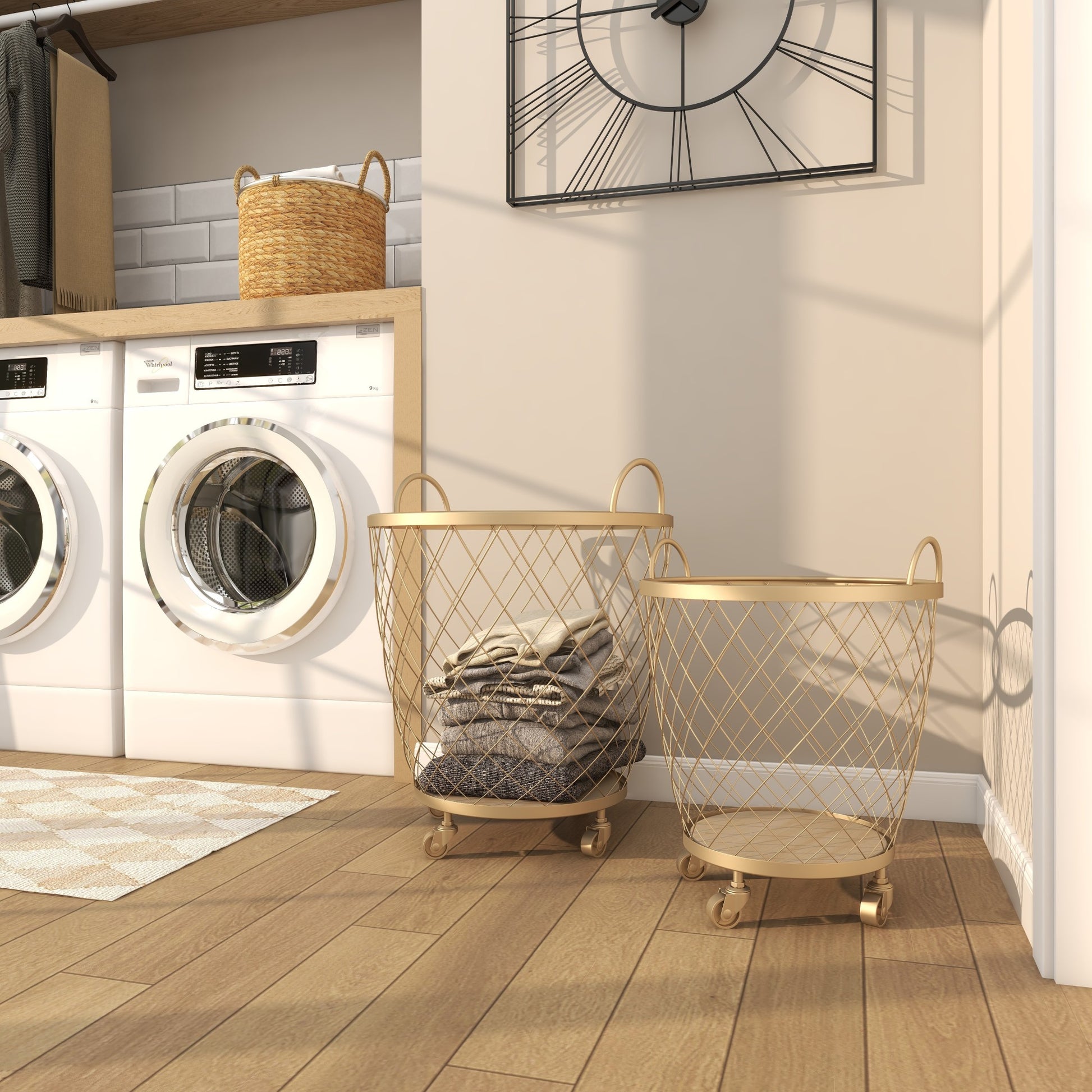 Set of 2 Gold Metal Mobile Wire Basket Mobile Storage Cart with Wood Interior