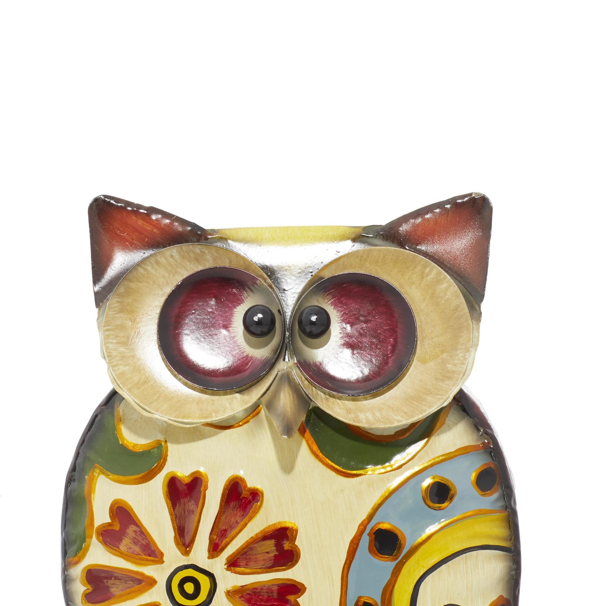 Owl Yellow Metal Indoor Outdoor Decorative Garden Sculpture with Floral Pattern