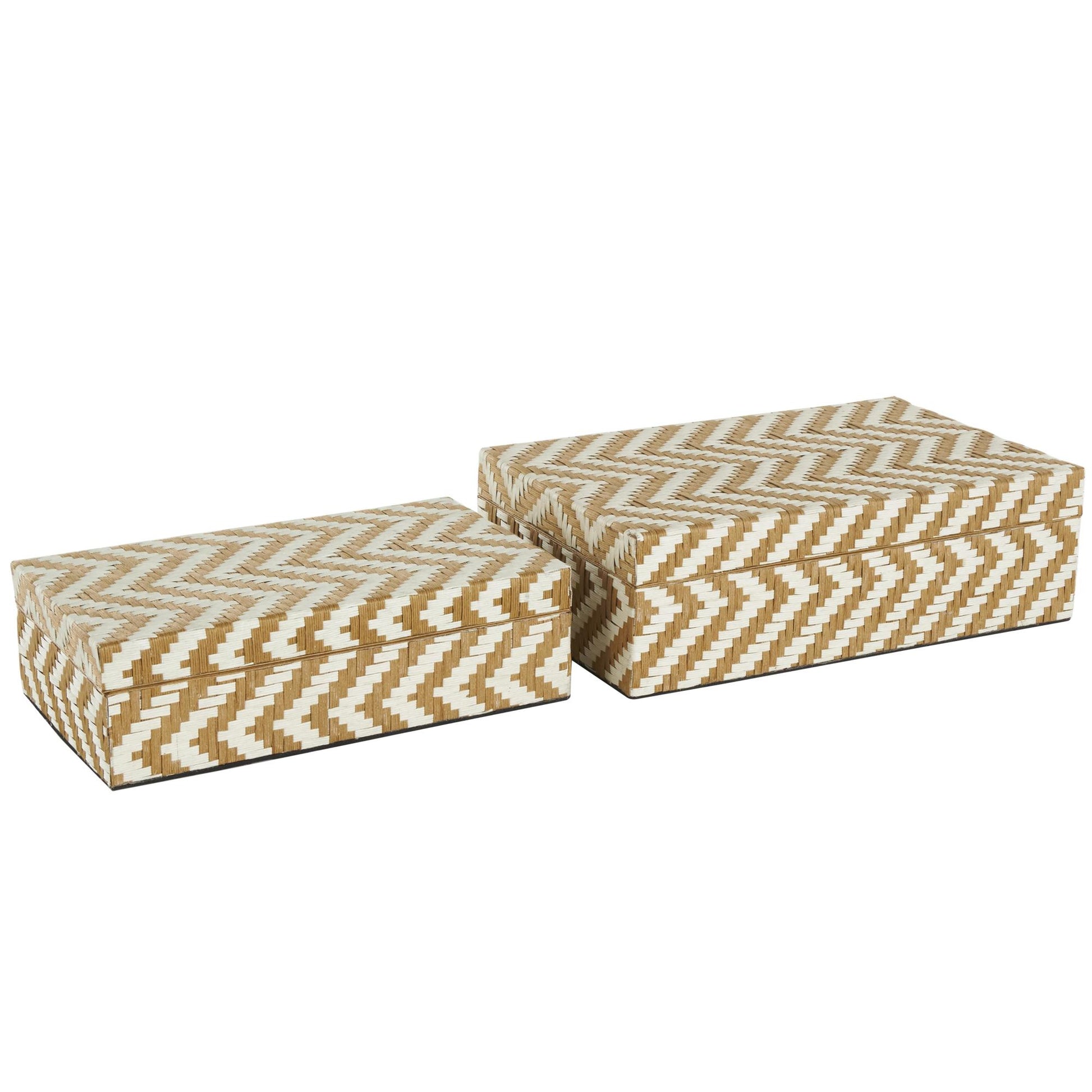 Set of 2 Geometric Brown Paper Handmade Woven Zig Zag Storage Decorative Box with Cream Accents