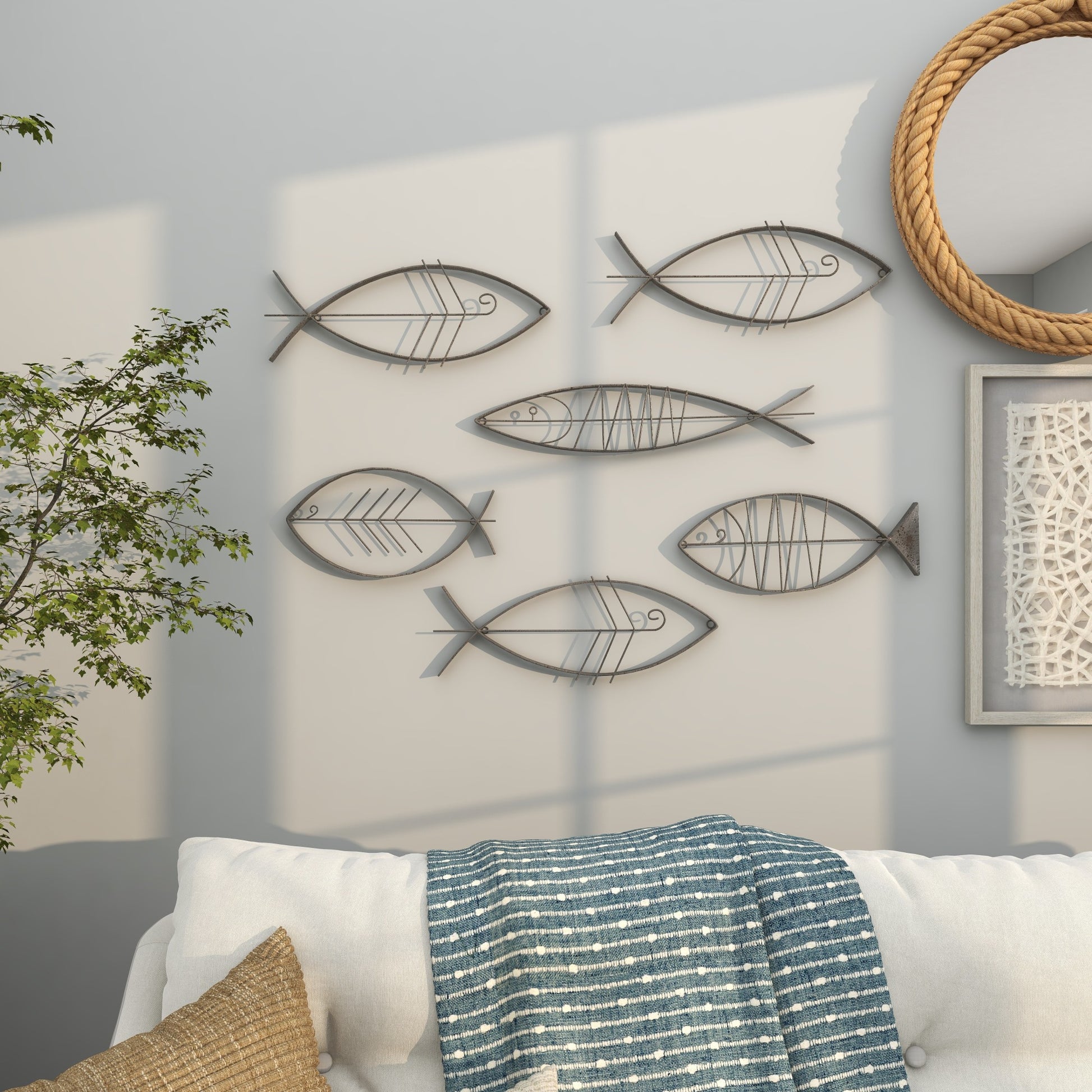 Set of 6 Fish Black Metal Indoor Outdoor Wire Home Wall Decor