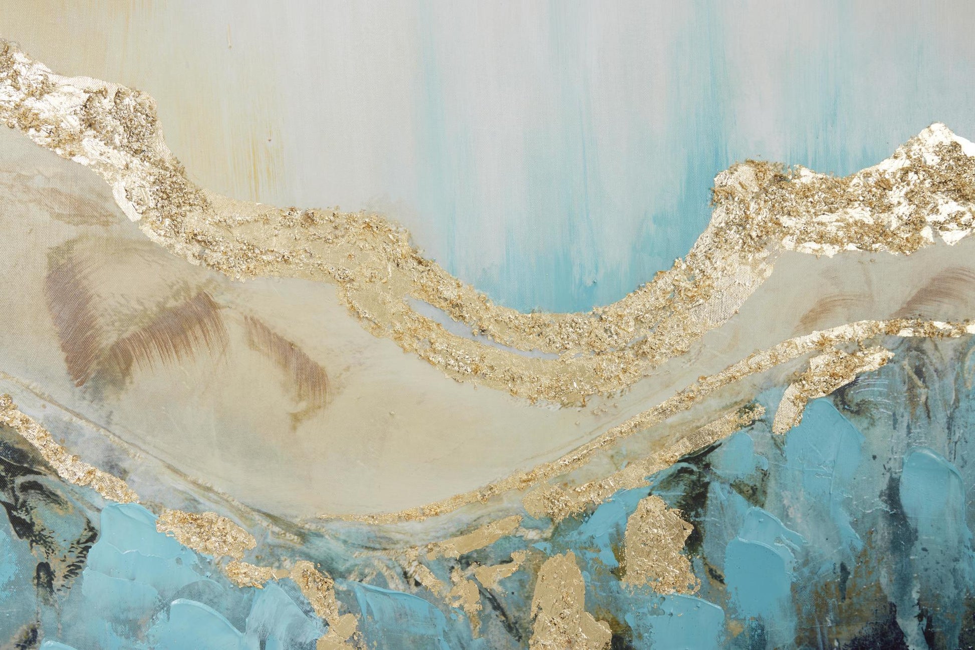 Abstract Blue Canvas Wave Living Room Framed Wall Art with Gold Foil Accents