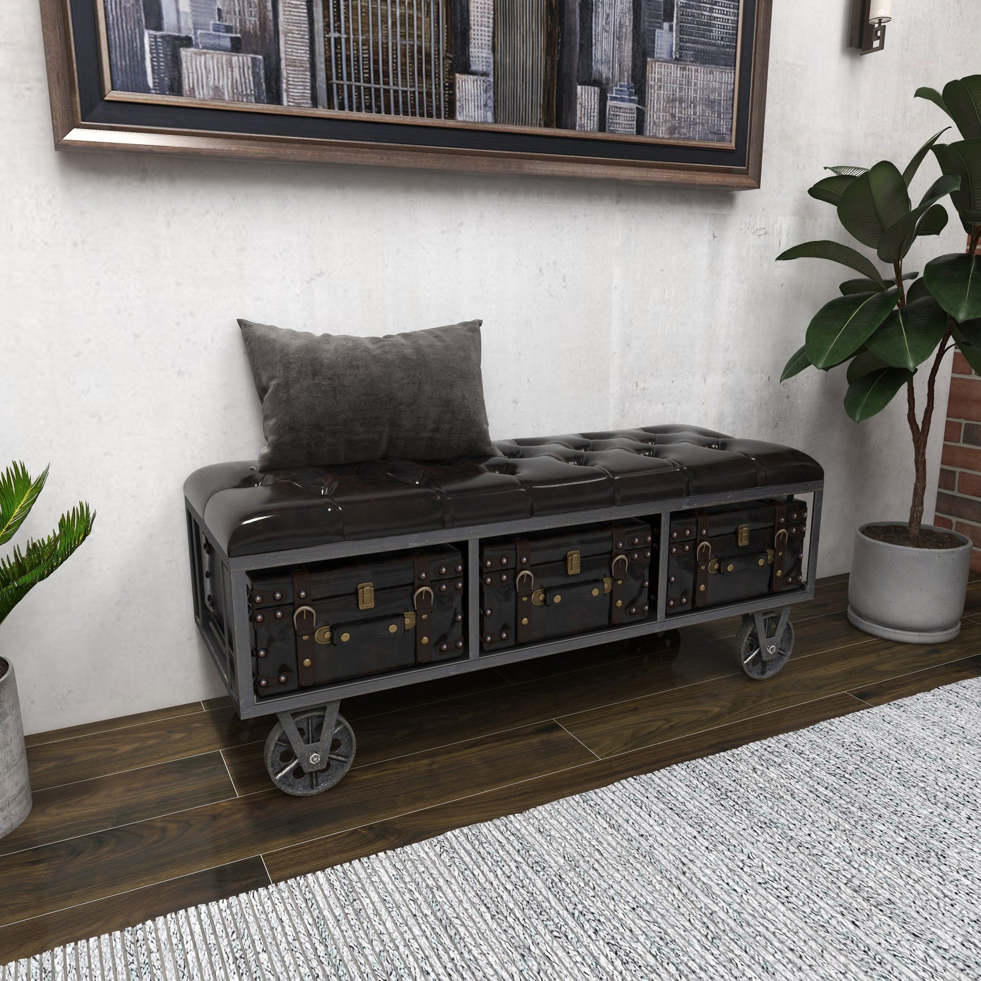 Black Faux Leather Tufted Upholstered 3 Trunk Room Storage Bench with Wheels
