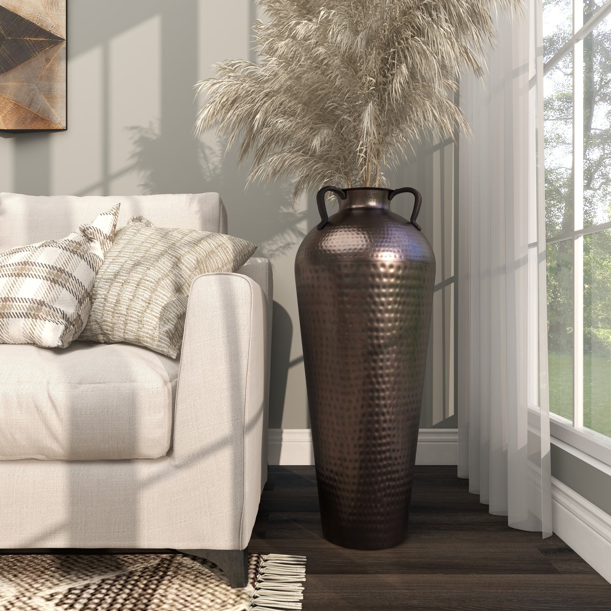 Brown Metal Tall Floor Mediterranean Style Decorative Vase with Hammered Details and Handles