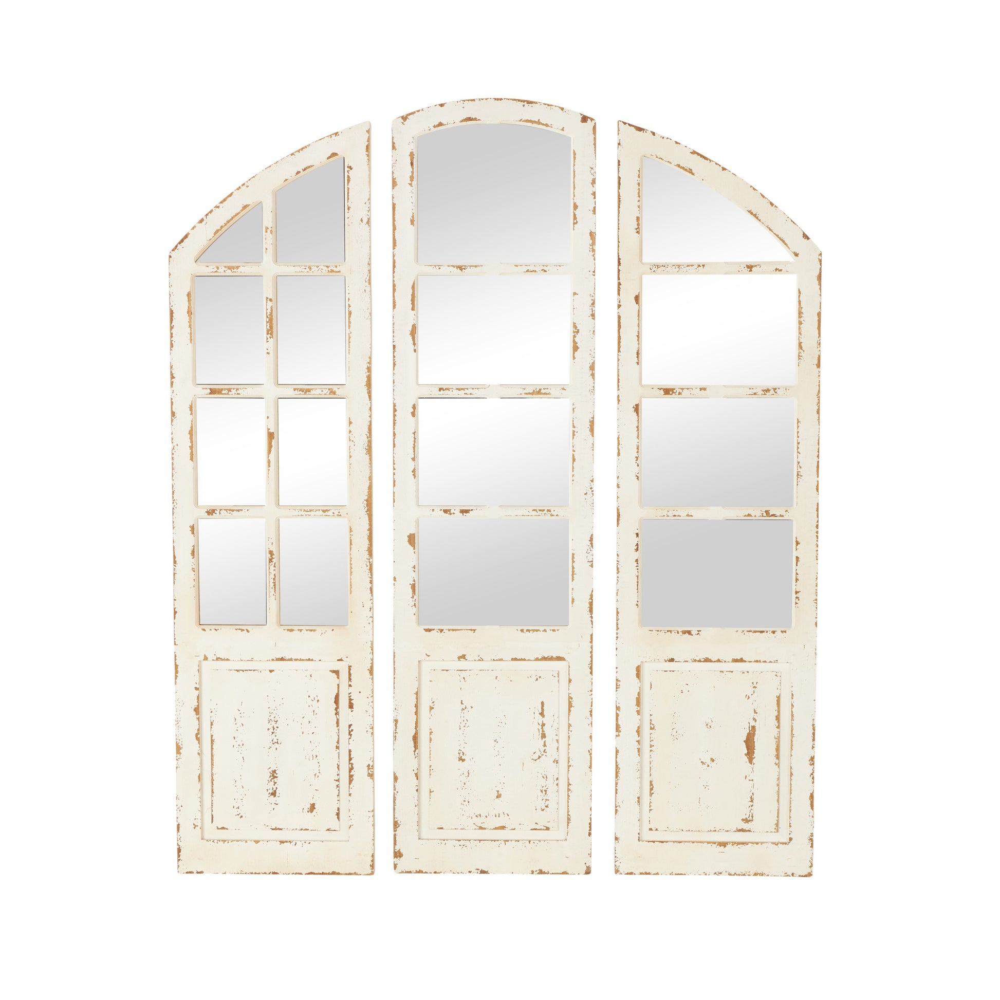 Set of 3 White Wood Window Pane Inspired Room Wall Mirror with Arched Top and Distressing