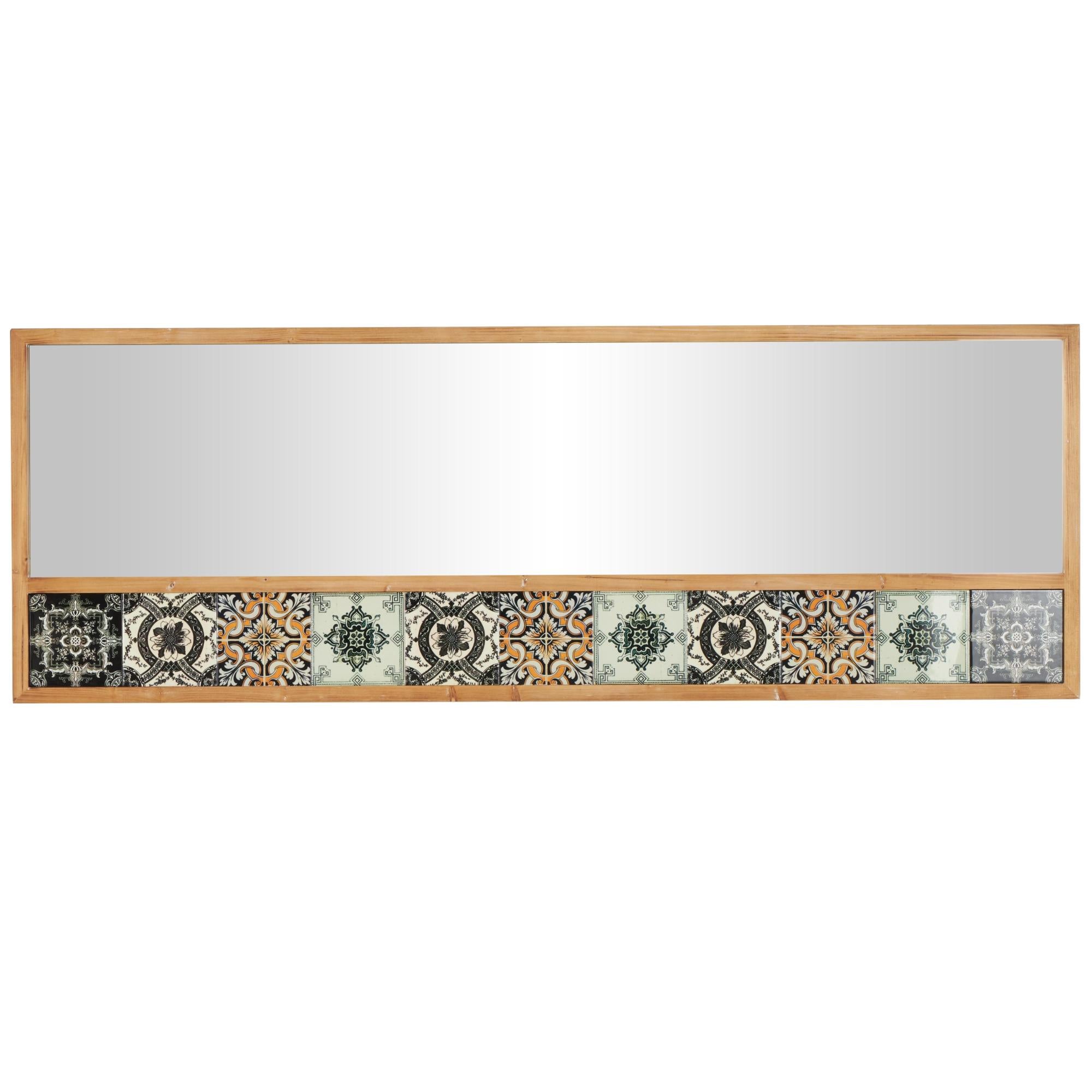 Floral Brown Wood Room Wall Mirror with Patterned Mosaic Tile Edge