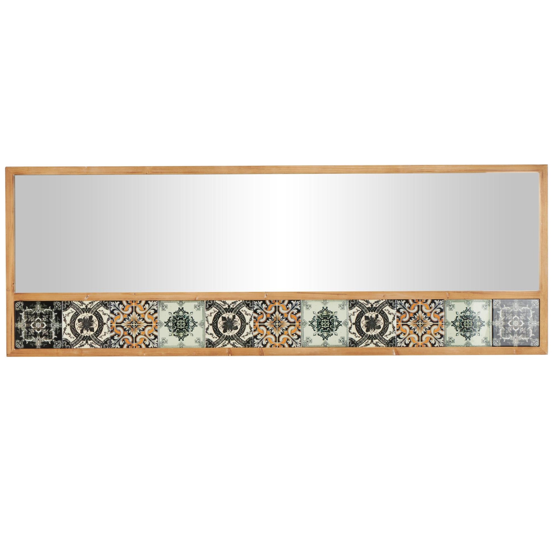Floral Brown Wood Room Wall Mirror with Patterned Mosaic Tile Edge