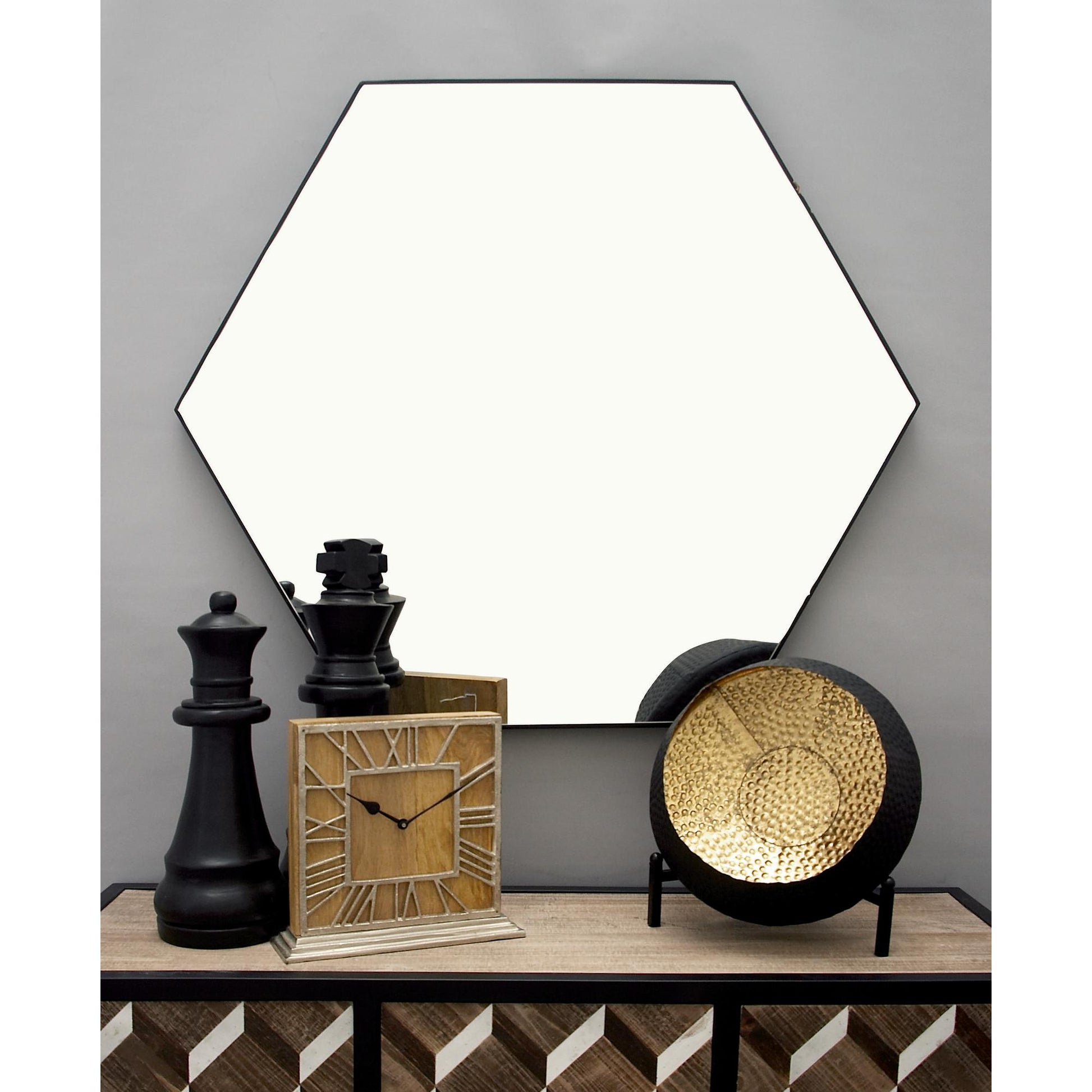 Wooden Hexagon Room Wall Mirror with Thin Frame