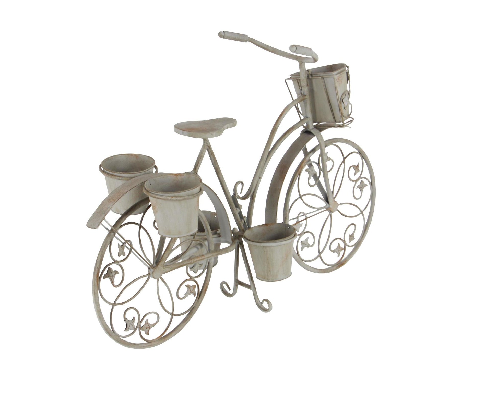 Bike Gray Metal Distressed Scroll 3 Tier Indoor Outdoor Plantstand with Fleur De Lis Wheels