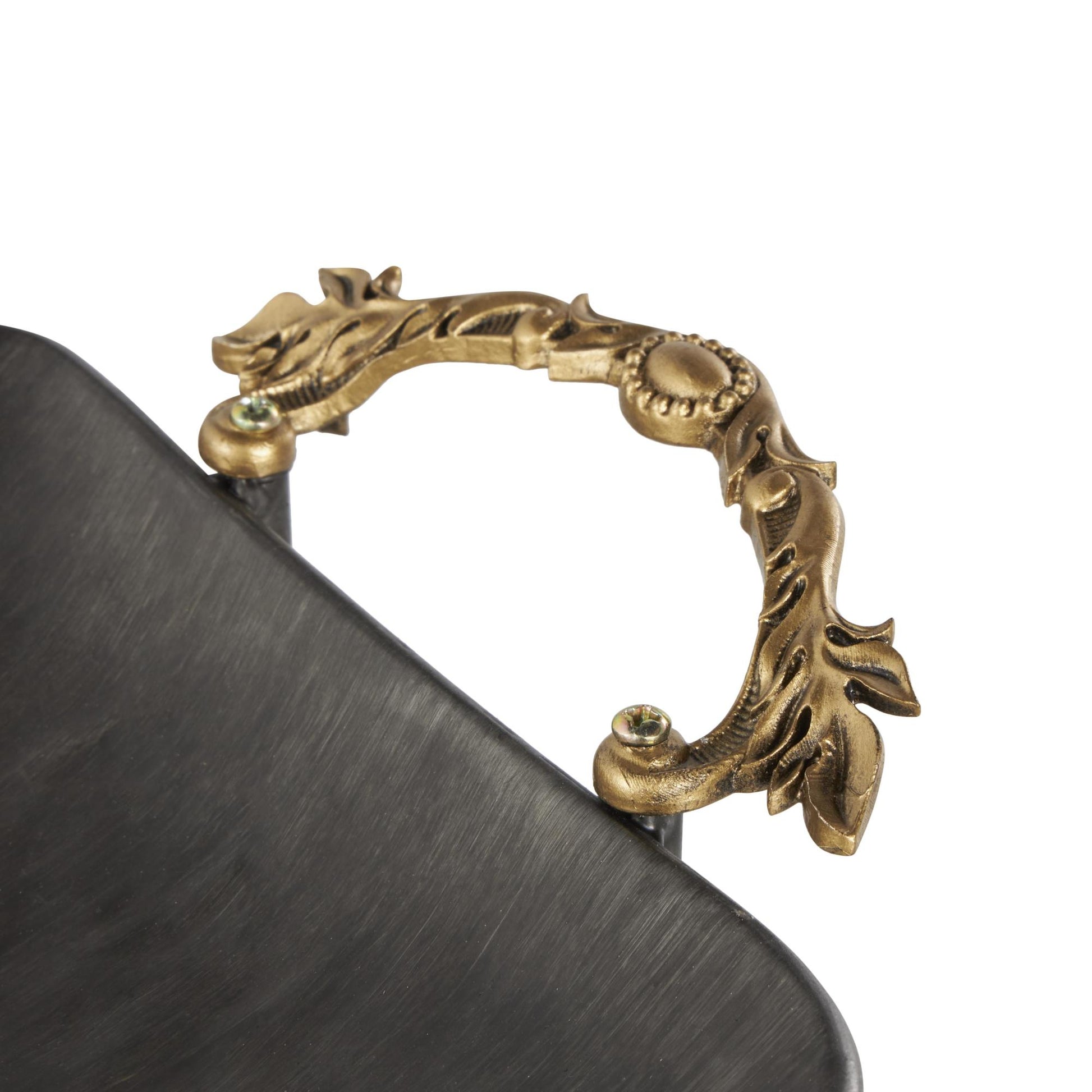 Set of 2 Leaf Black Metal Textured Curved Living Room Decor Tray with Elevated Feet and Gold Scroll Vine Handles