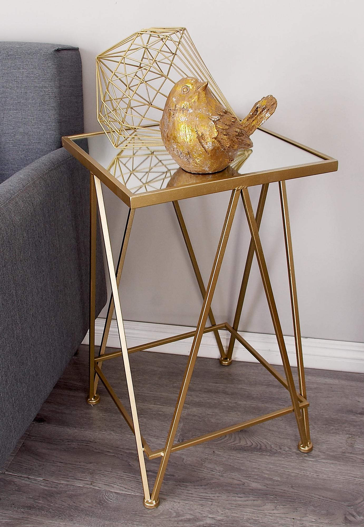 Set of 2 Geometric Gold Metal Square Side End Accent Table with Mirrored Glass Top