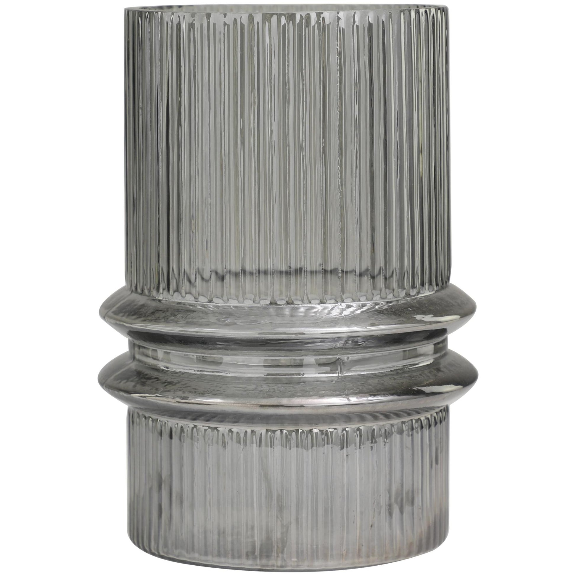 Gray Glass Wide Ribbed Decorative Candle Holder with Fluted Center