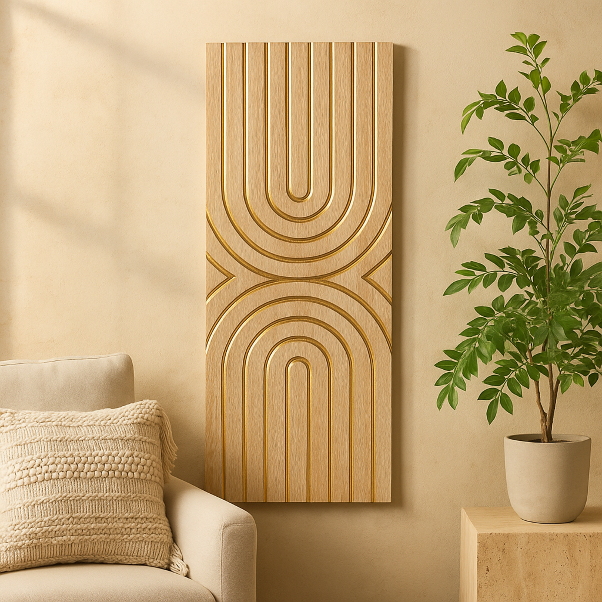 Geometric Light Brown Wood U Shapes Panel Home Wall Decor with Overlapping Gold Arches