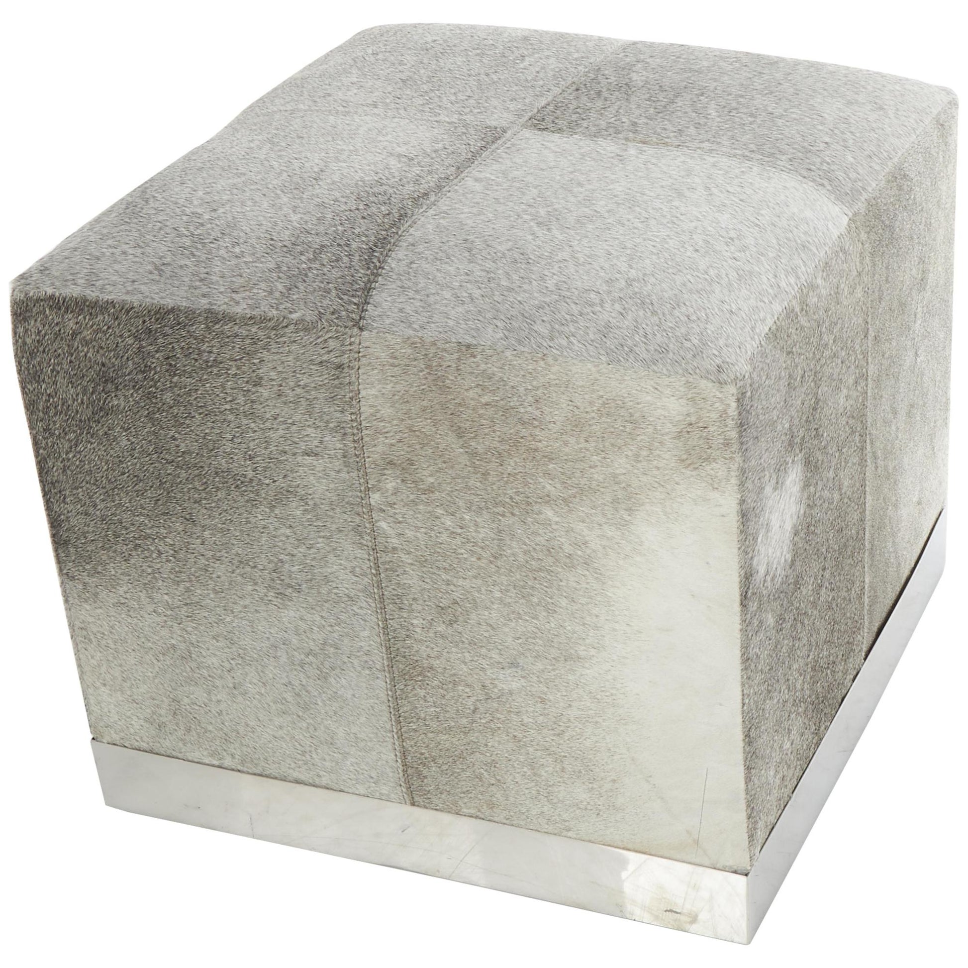 Gray Leather Patchwork Stuffed Pouf with Stainless Steel Base