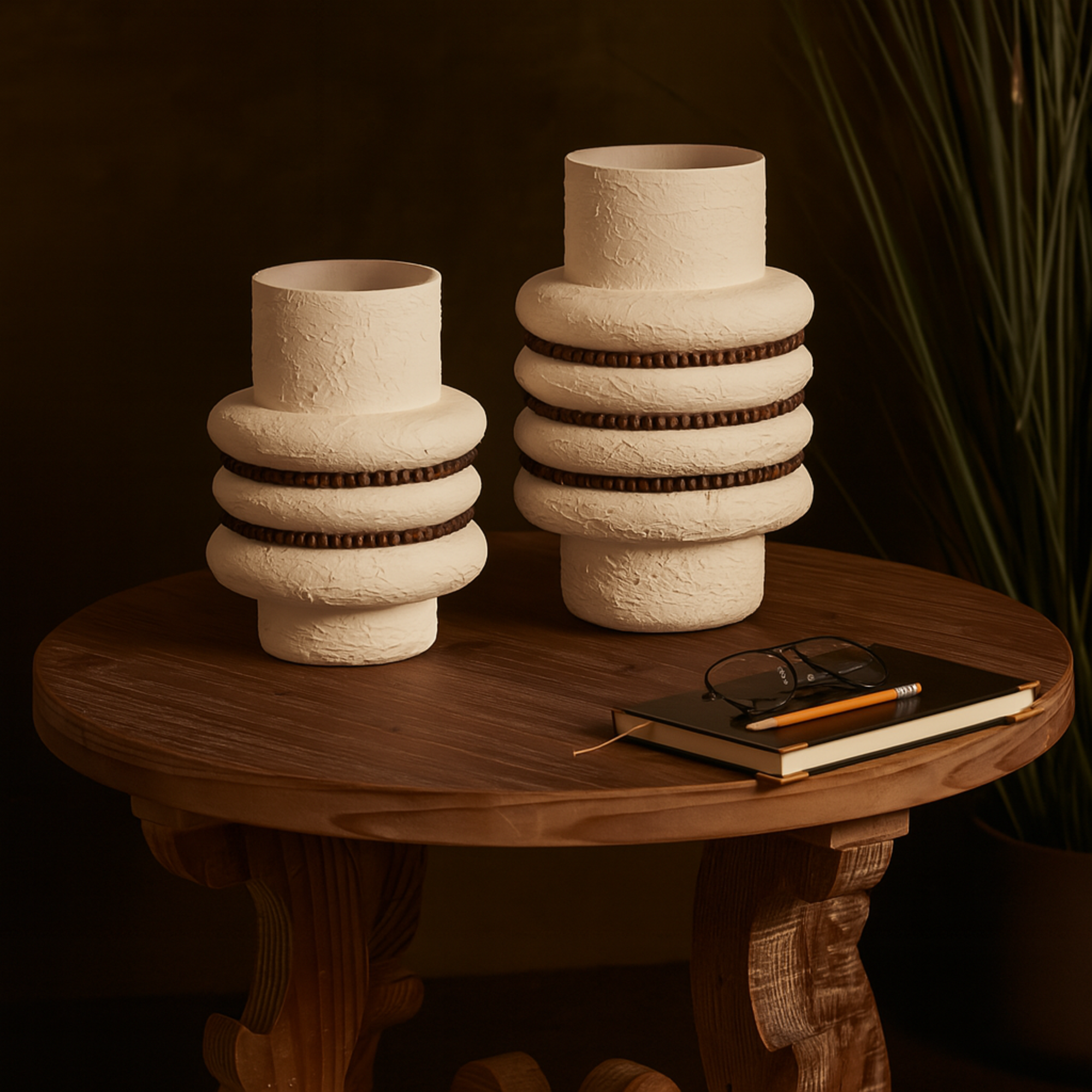 Set of 2 White Glass Textured Decorative Vase with Brown Wood Beaded Stripes